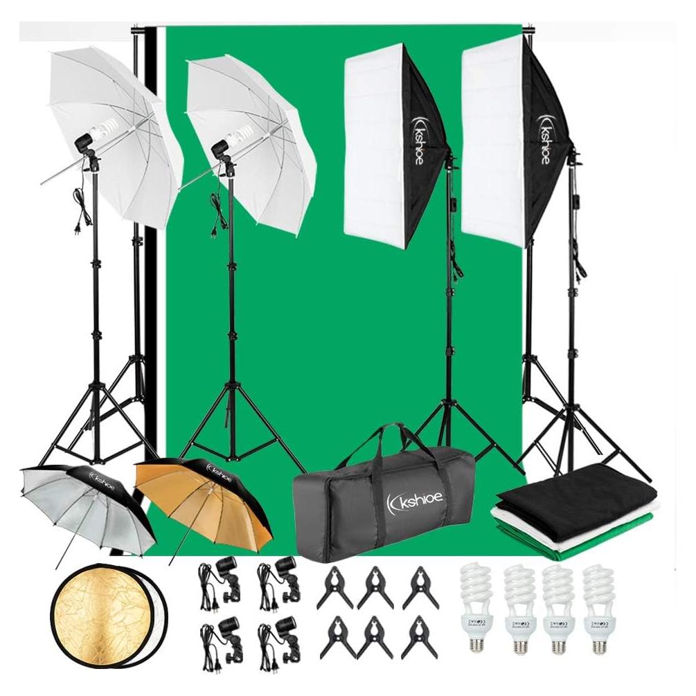 Kit de Iluminación Continua Kshioe 800W 5500K con Softbox y Fondos