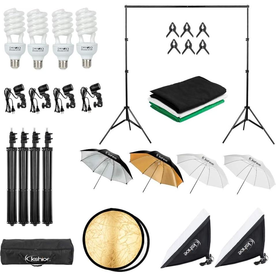 Kit de Iluminación Continua Kshioe 800W 5500K con Softbox y Fondos