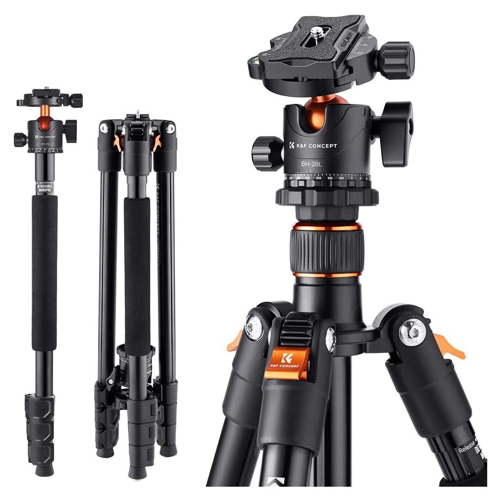 Trípode K&F Concept 162cm Aluminio Compacto con Cabezal de Bola