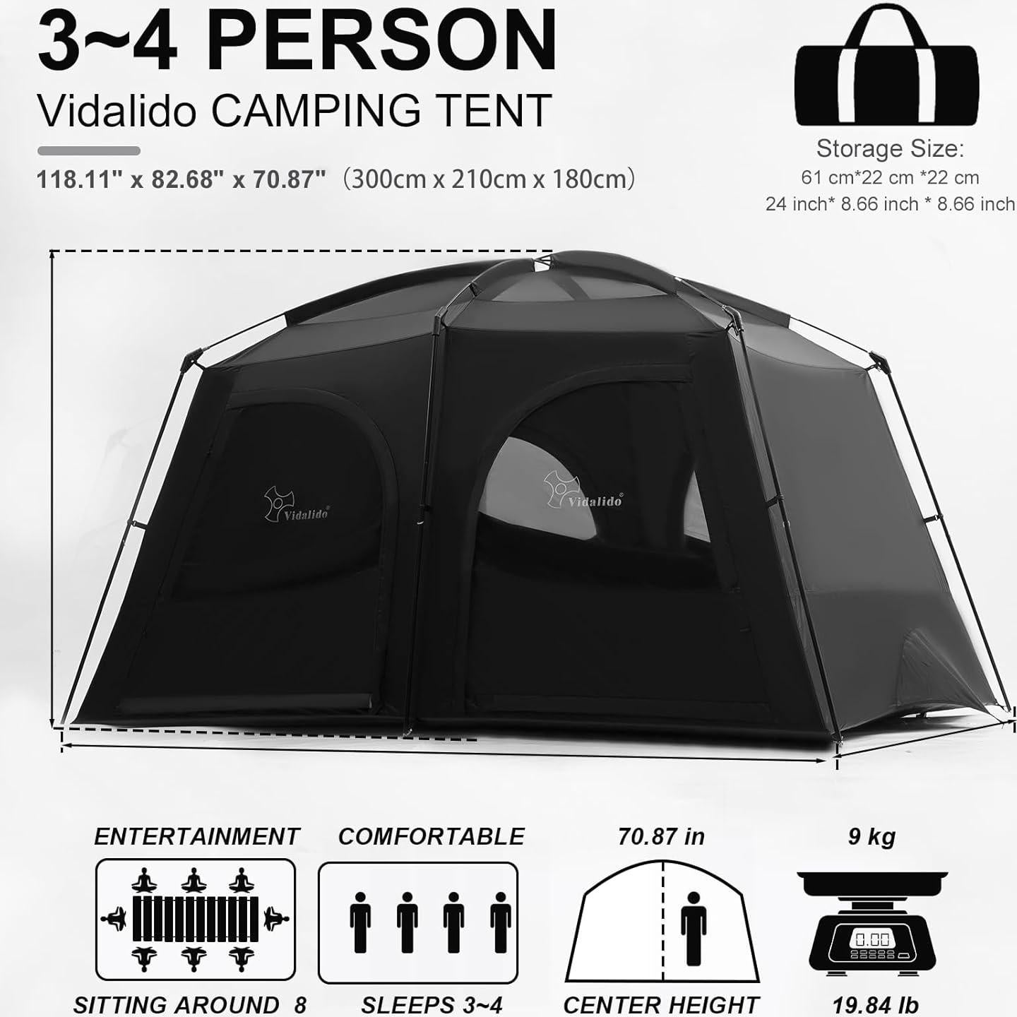 Tienda de Camping Vidalido para 4 Personas Impermeable 300x210cm