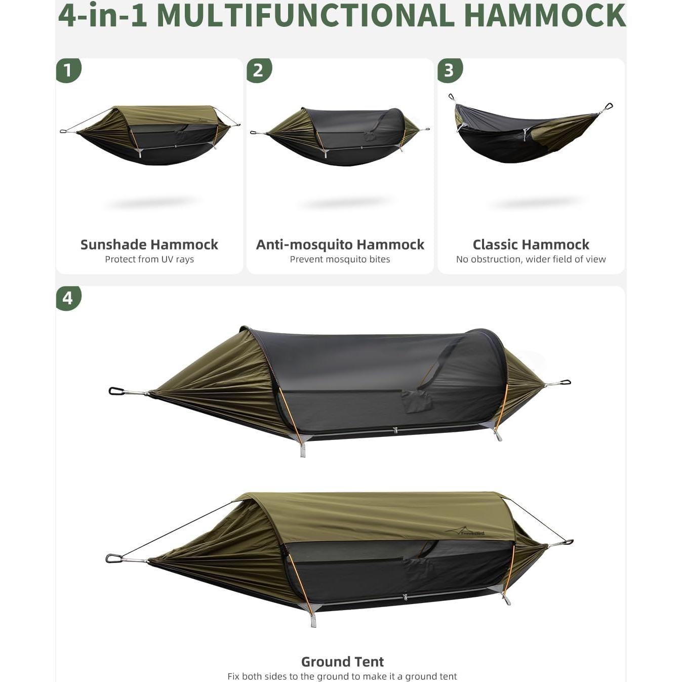 Hamaca de Camping Travel Bird 4 en 1 con Mosquitera y Sombrilla