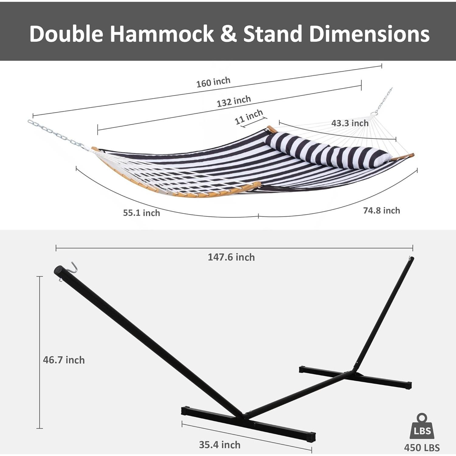 Hamaca Doble SUNCREAT Extra Grande con Soporte, Rayas Negras