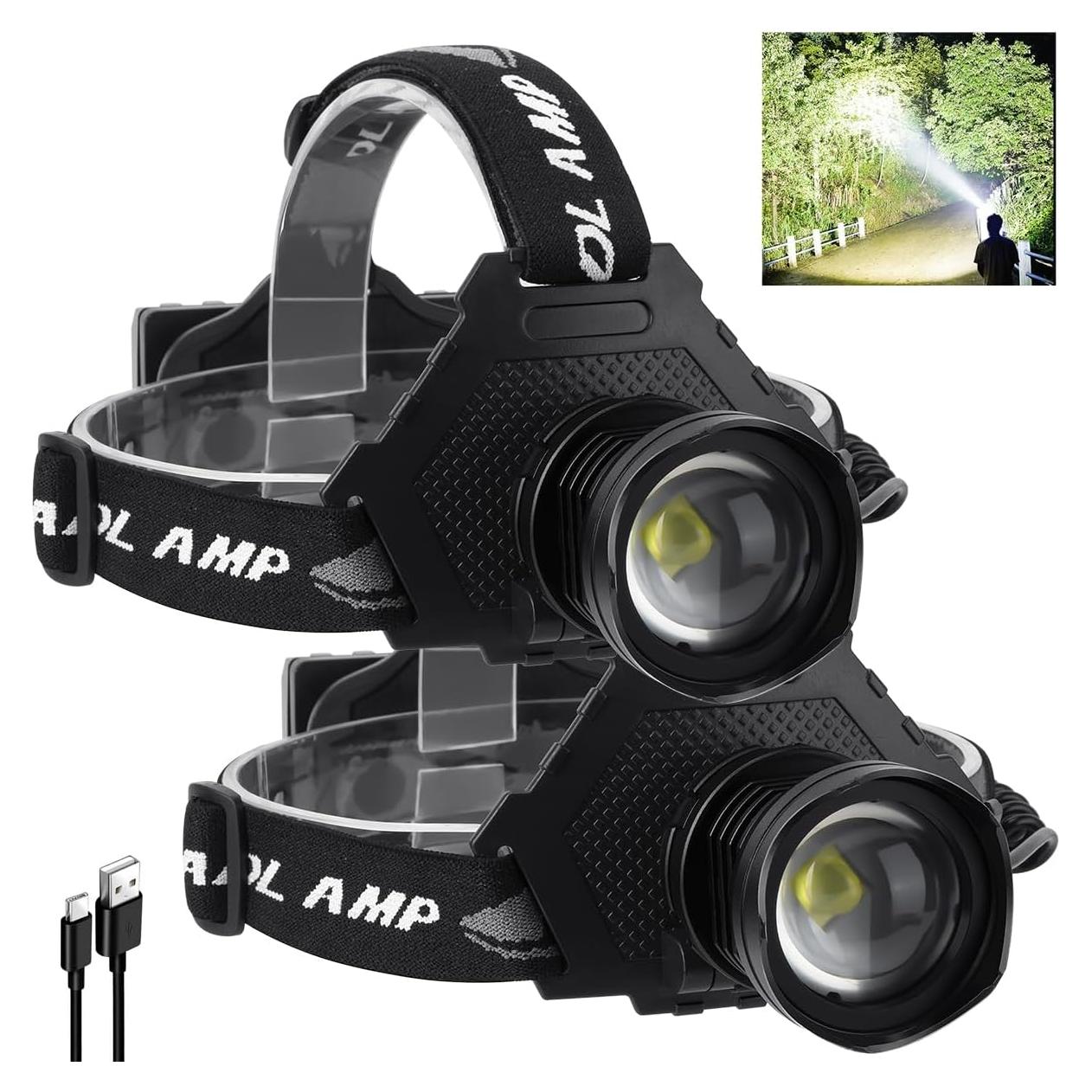 Rechargeable Headlamp, 3000 Lumens Head Lamps Led Rechargeable Headlights with 10 Modes, 90° Adjustable Bright Headlamps for Adults, IPX7 Waterproof Head Lights for Fishing Camping