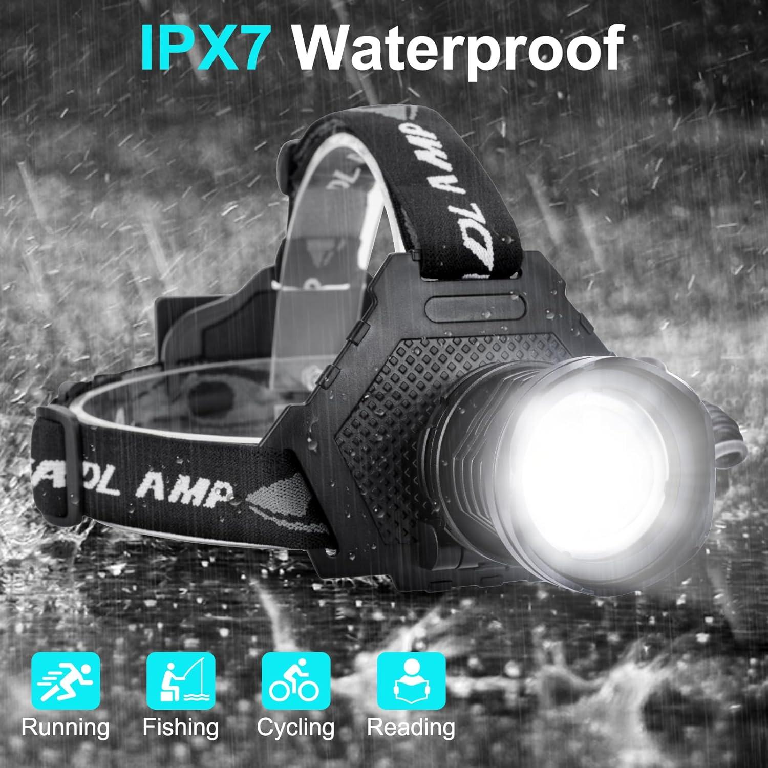Rechargeable Headlamp, 3000 Lumens Head Lamps Led Rechargeable Headlights with 10 Modes, 90° Adjustable Bright Headlamps for Adults, IPX7 Waterproof Head Lights for Fishing Camping