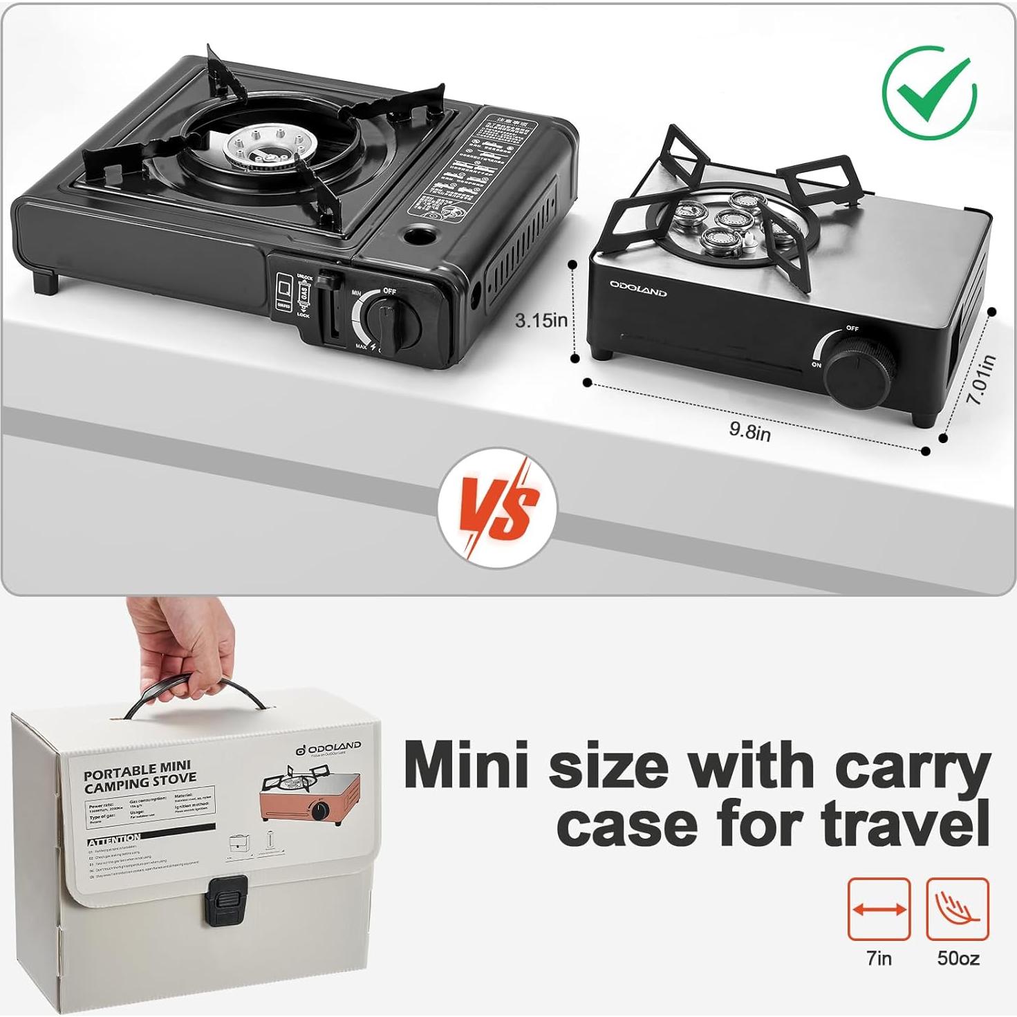 Estufa de Camping Portátil Odoland 7500 BTU Gas Butano Negra