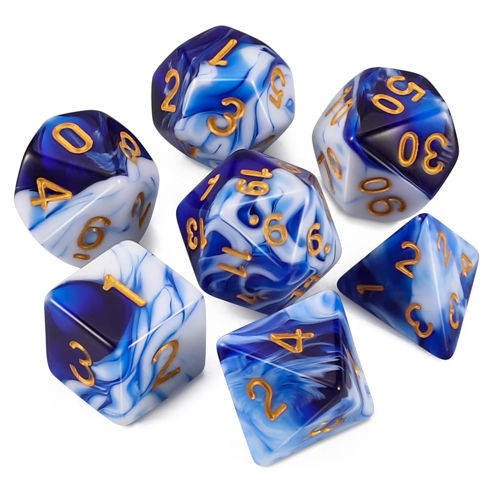 Dados Poliedricos QMAY 7 Piezas Azul y Blanco para D&D