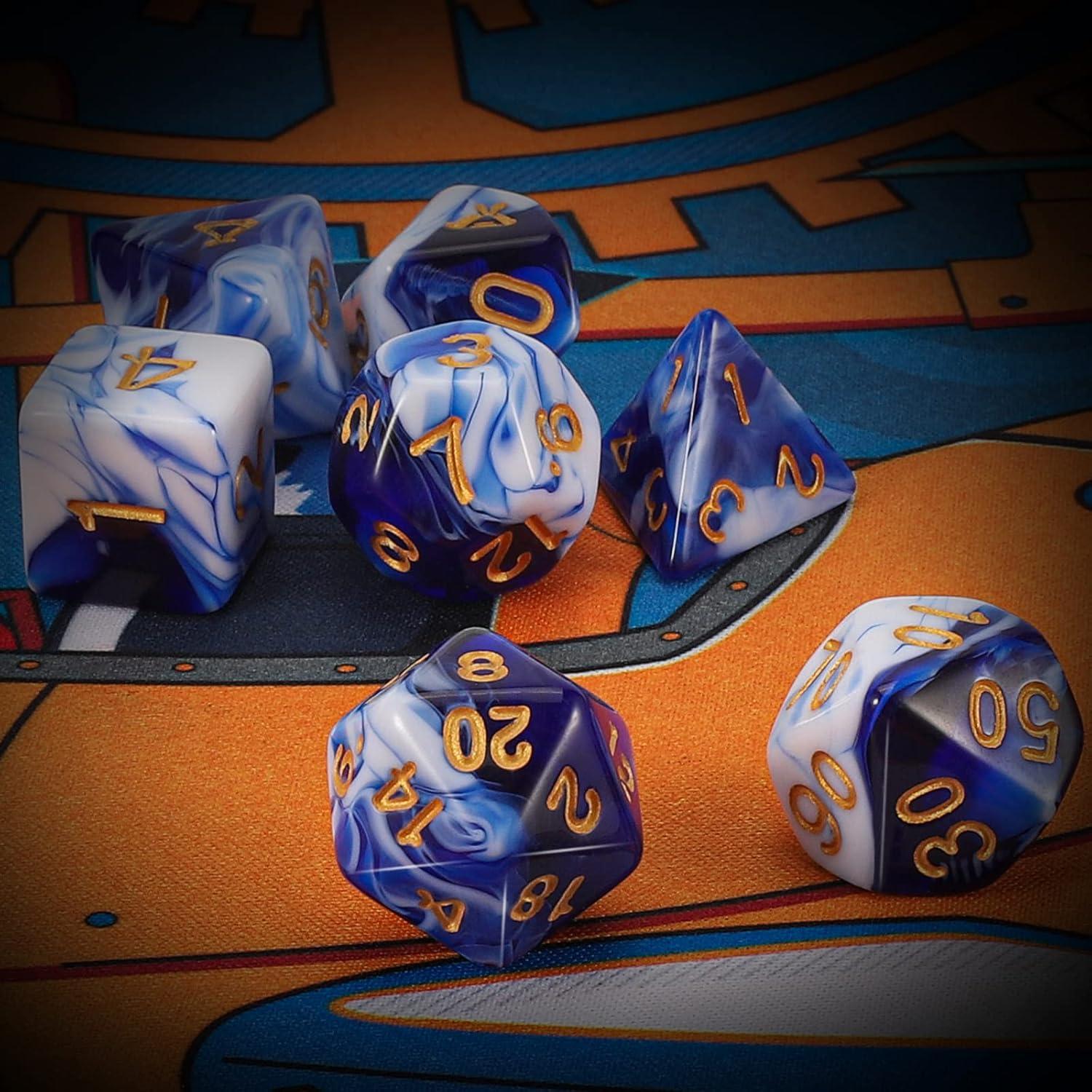 Dados Poliedricos QMAY 7 Piezas Azul y Blanco para D&D