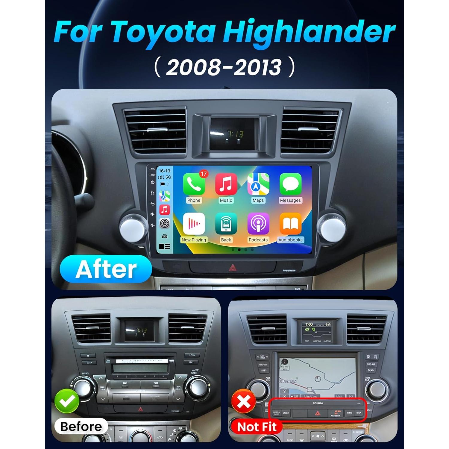 Estéreo Android 10" Jufodrca para Toyota Highlander 2008-2013
