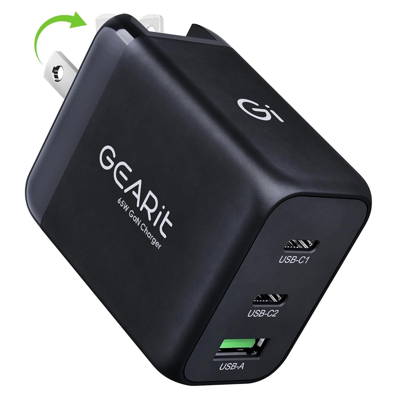 Cargador USB C GEARit 65W GaN 3 Puertos PD 3.0 Negro