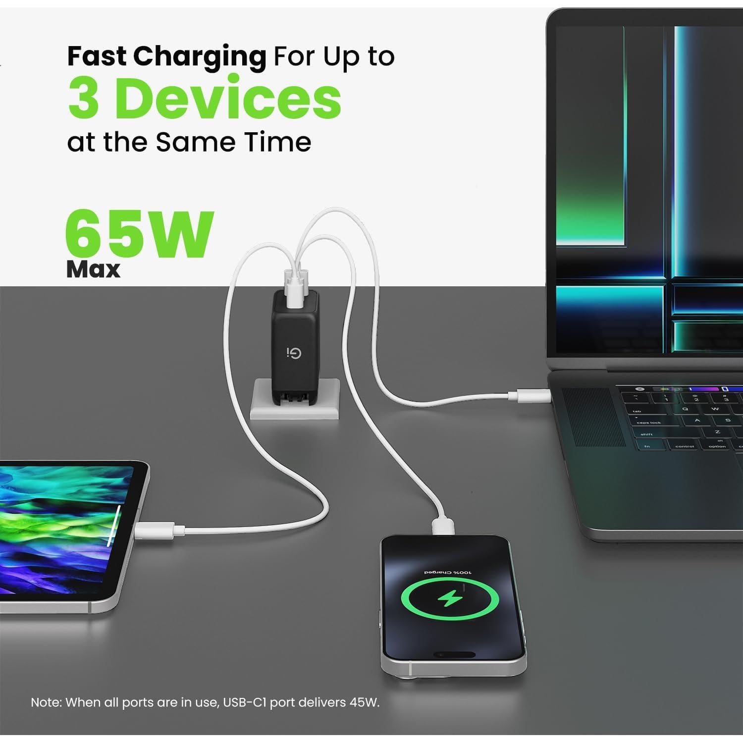 Cargador USB C GEARit 65W GaN 3 Puertos PD 3.0 Negro