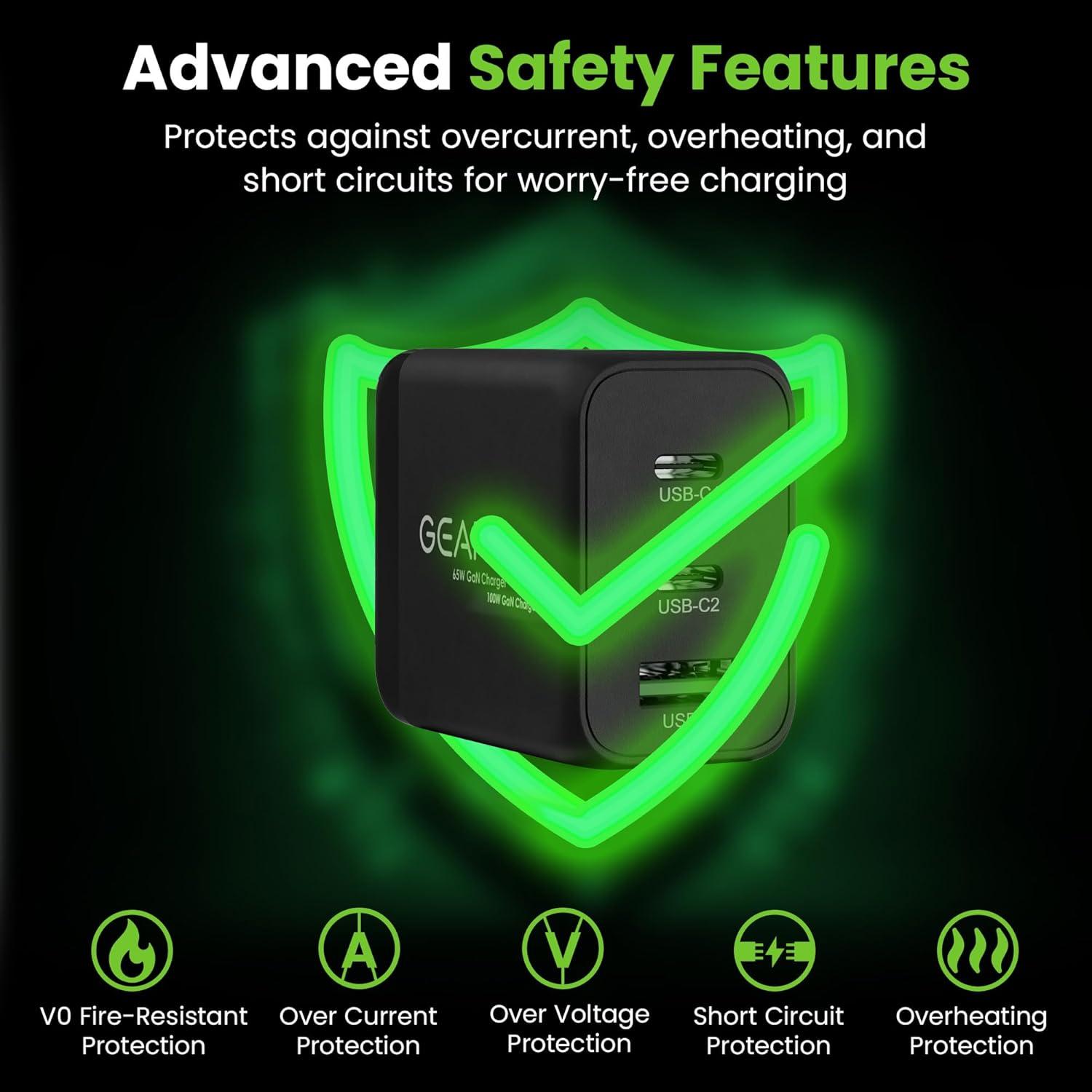 Cargador USB C GEARit 65W GaN 3 Puertos PD 3.0 Negro