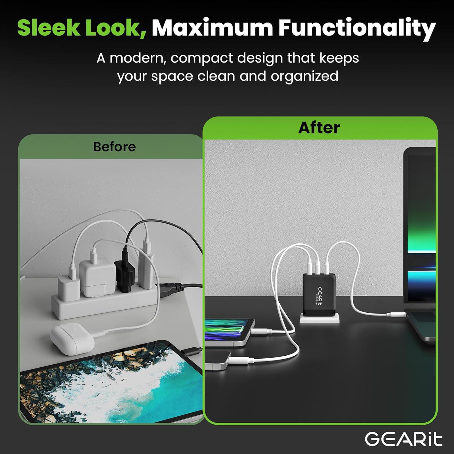 Cargador USB C GEARit 65W GaN 3 Puertos PD 3.0 Negro