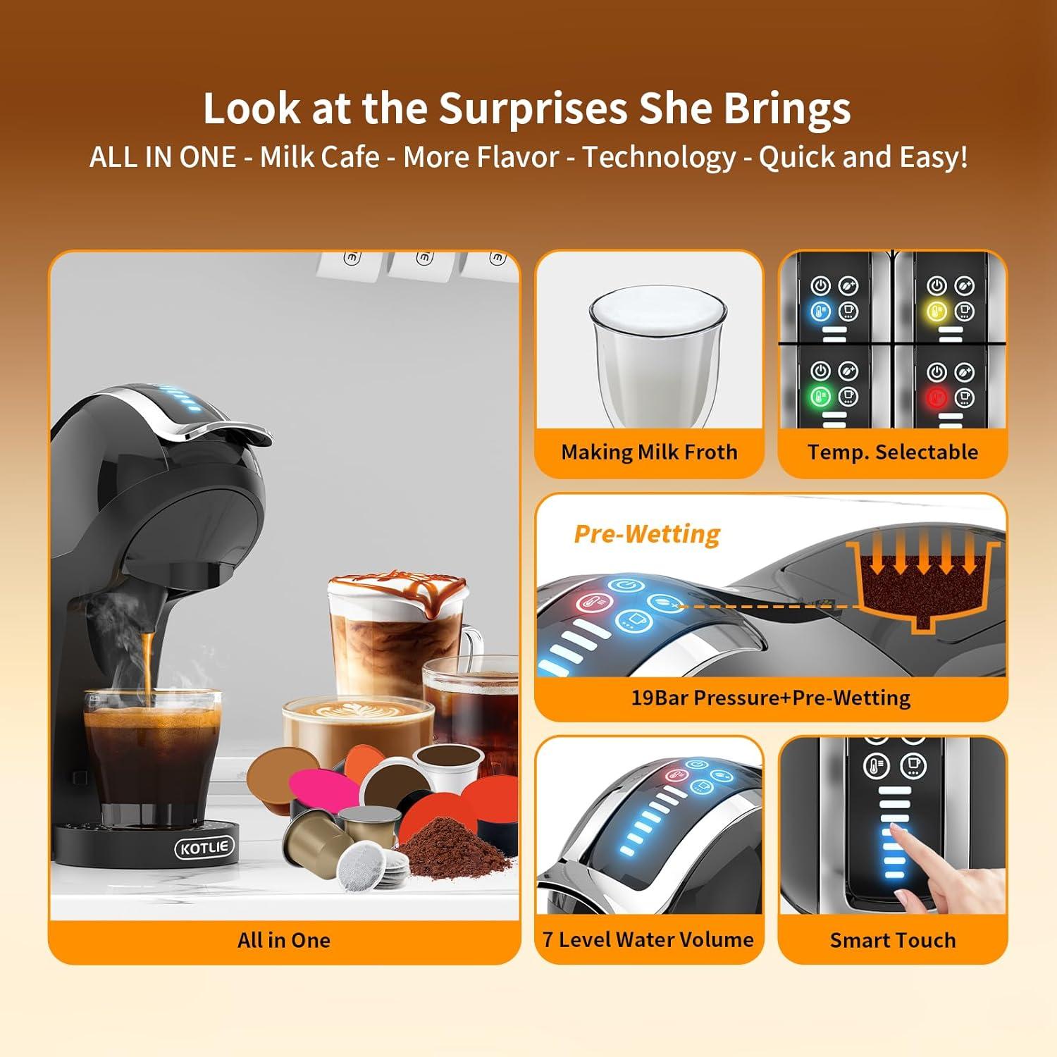KOTLIE Máquina de Café Espresso EM-308A 5en1 19Bar Negra