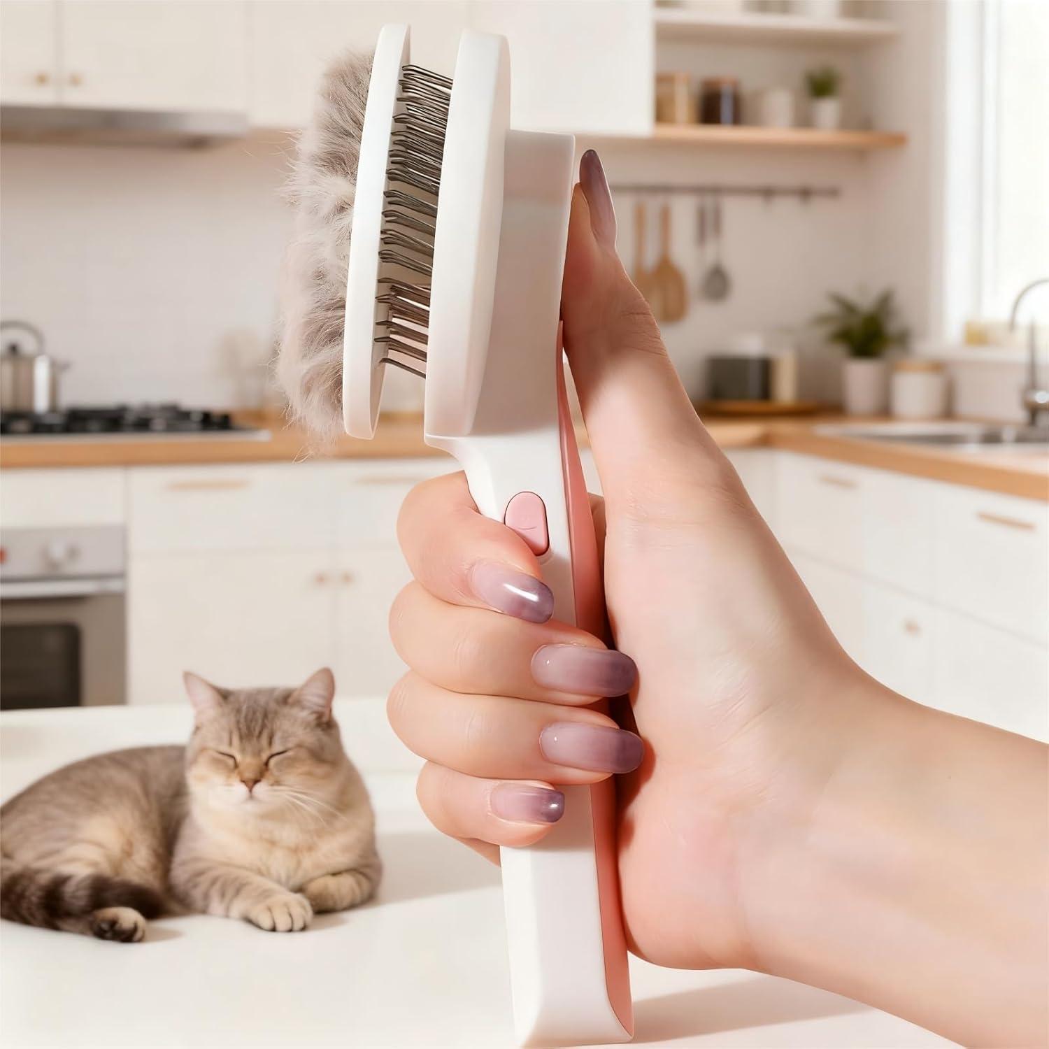 Cat Brush for Shedding & Grooming - Self-Cleaning Deshedding Tool Professional Dog Brush for Short/Long Hair, Indoor Cats Brush with Tangle-Free Control, Gentle on Kittens & Sensitive Skin (Blue)