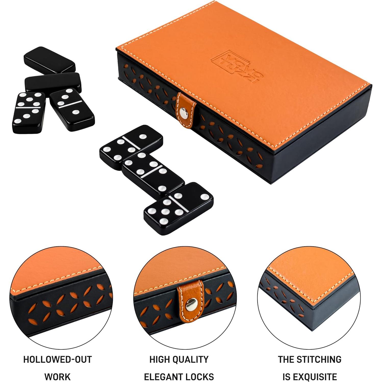 Juego de Dominó Doble 6 Vovotuzzi - 28 Fichas Negras con Caja de Cuero