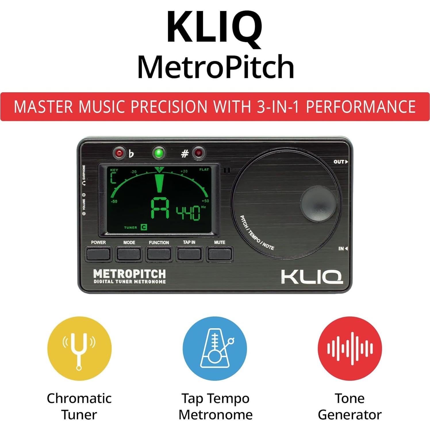 KLIQ MetroPitch Afinador y Metrónomo Digital 3-en-1 Negro