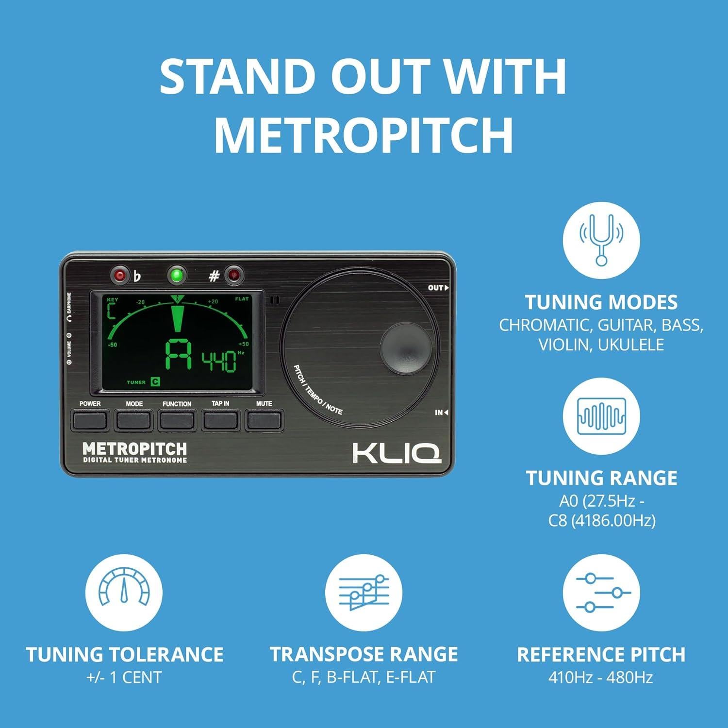 KLIQ MetroPitch Afinador y Metrónomo Digital 3-en-1 Negro