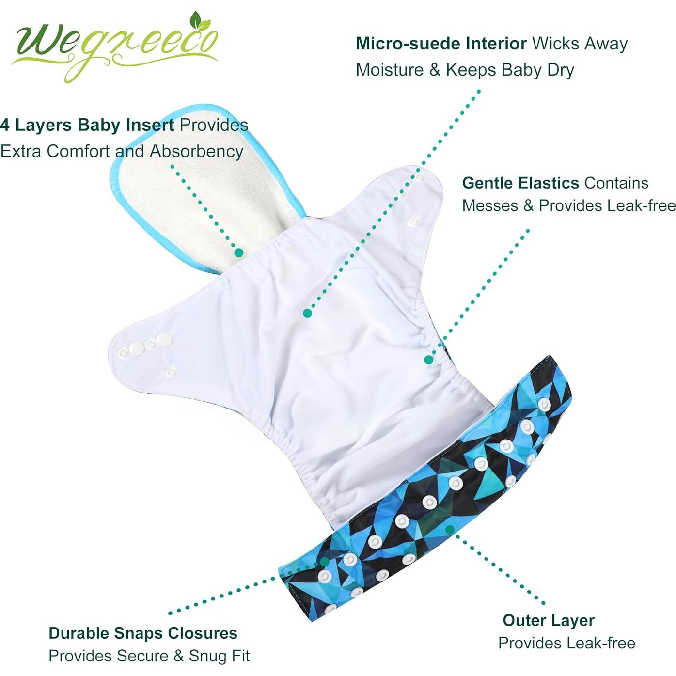 Paquete de 6 Pañales de Tela Wegreeco Ajustables Geométrico