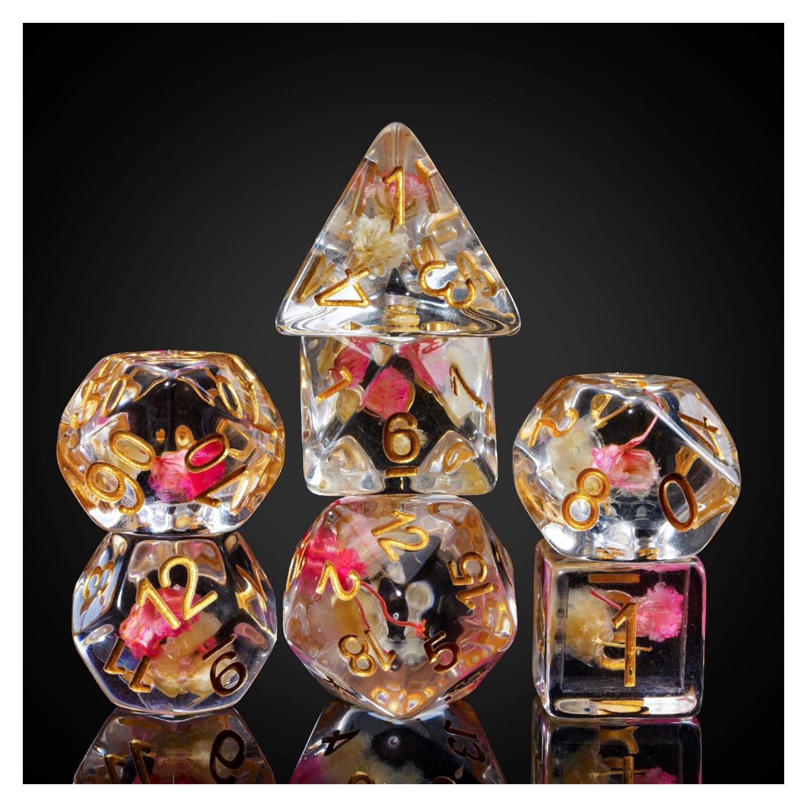 Cusdie Juego de 7 Dados DND Flores Rosa/Blanco Dorados