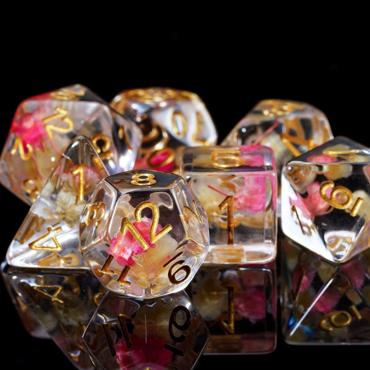 Cusdie Juego de 7 Dados DND Flores Rosa/Blanco Dorados