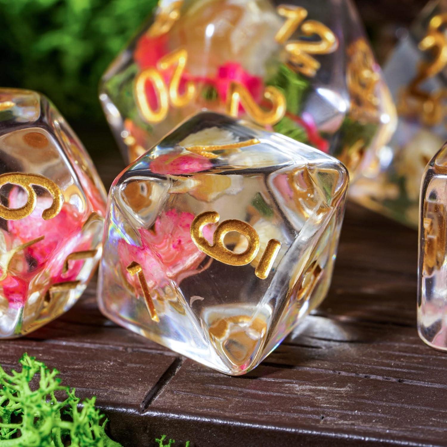 Cusdie Juego de 7 Dados DND Flores Rosa/Blanco Dorados