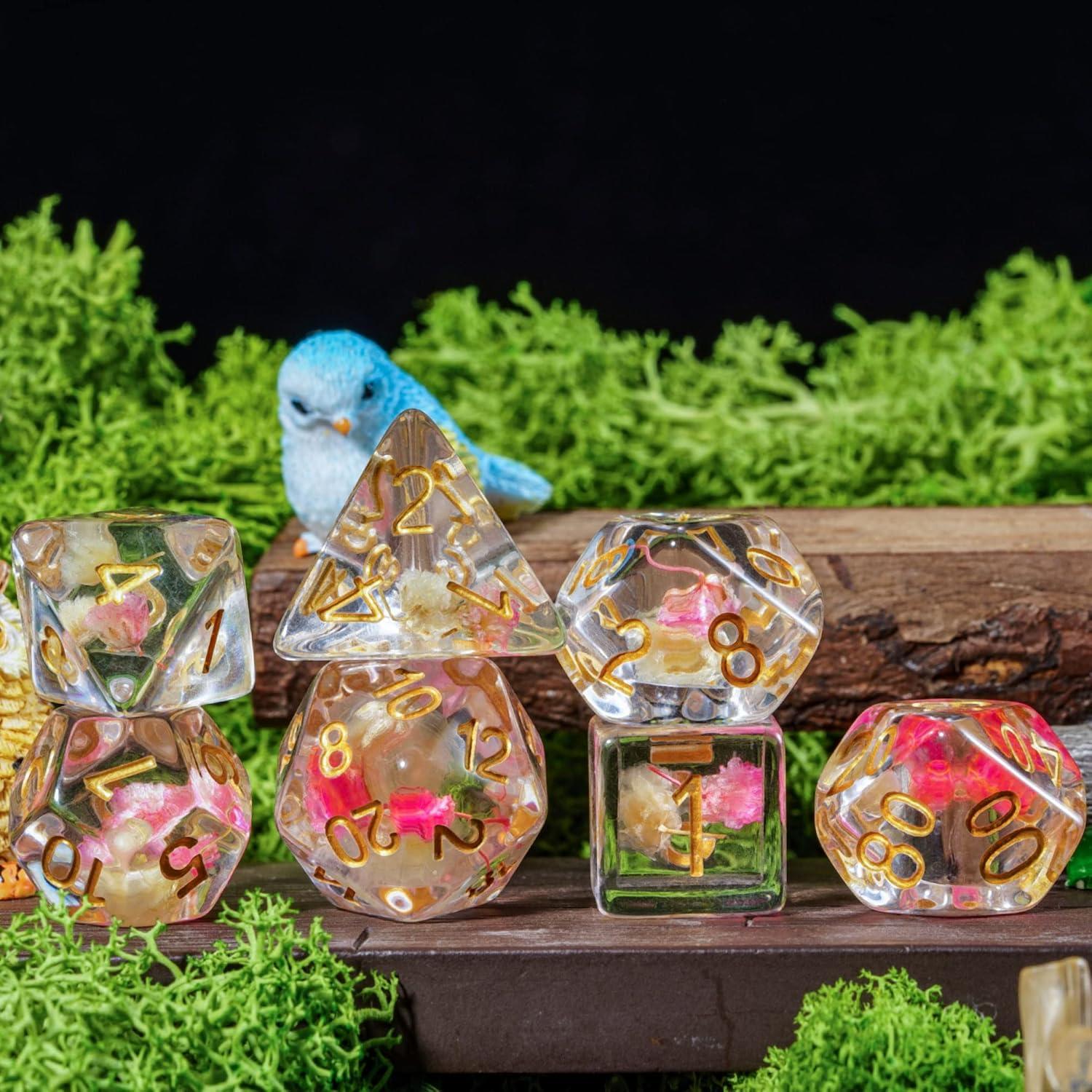 Cusdie Juego de 7 Dados DND Flores Rosa/Blanco Dorados