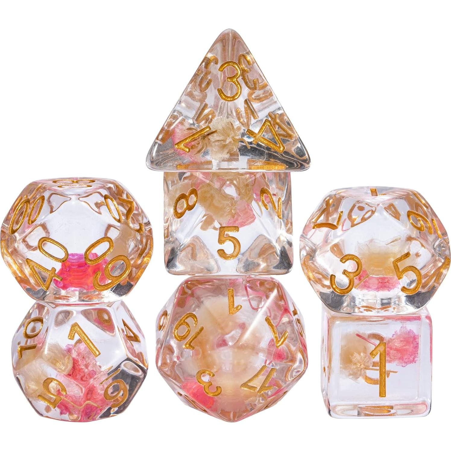 Cusdie Juego de 7 Dados DND Flores Rosa/Blanco Dorados