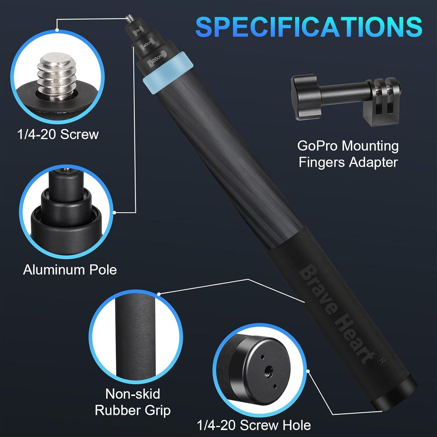 Selfie Stick Extensible 3m Qishang para Cámaras de Acción Azul