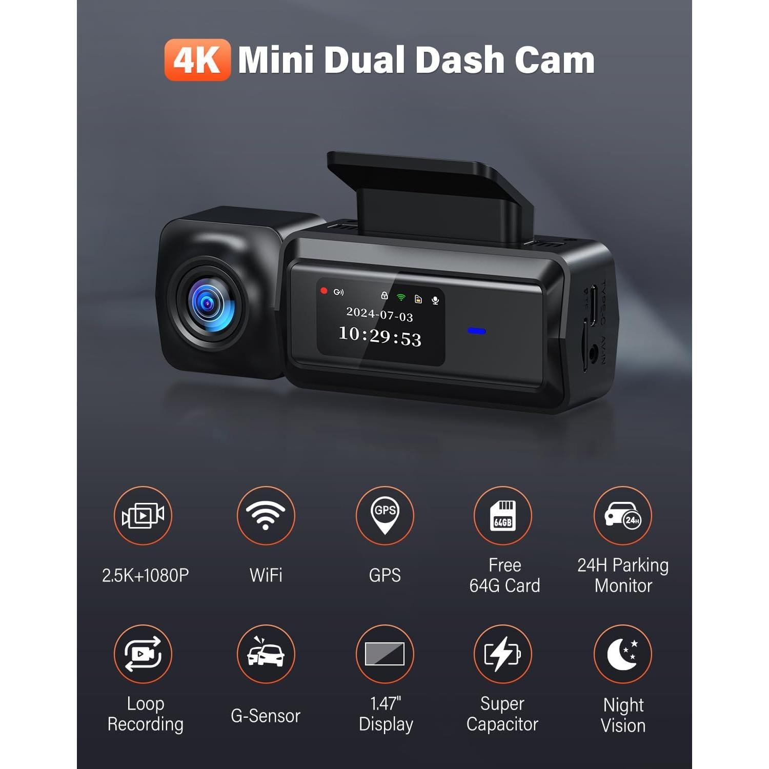 Cámara de Tablero BESTSEE M33 4K/2.5K WiFi GPS Pantalla 1.47"