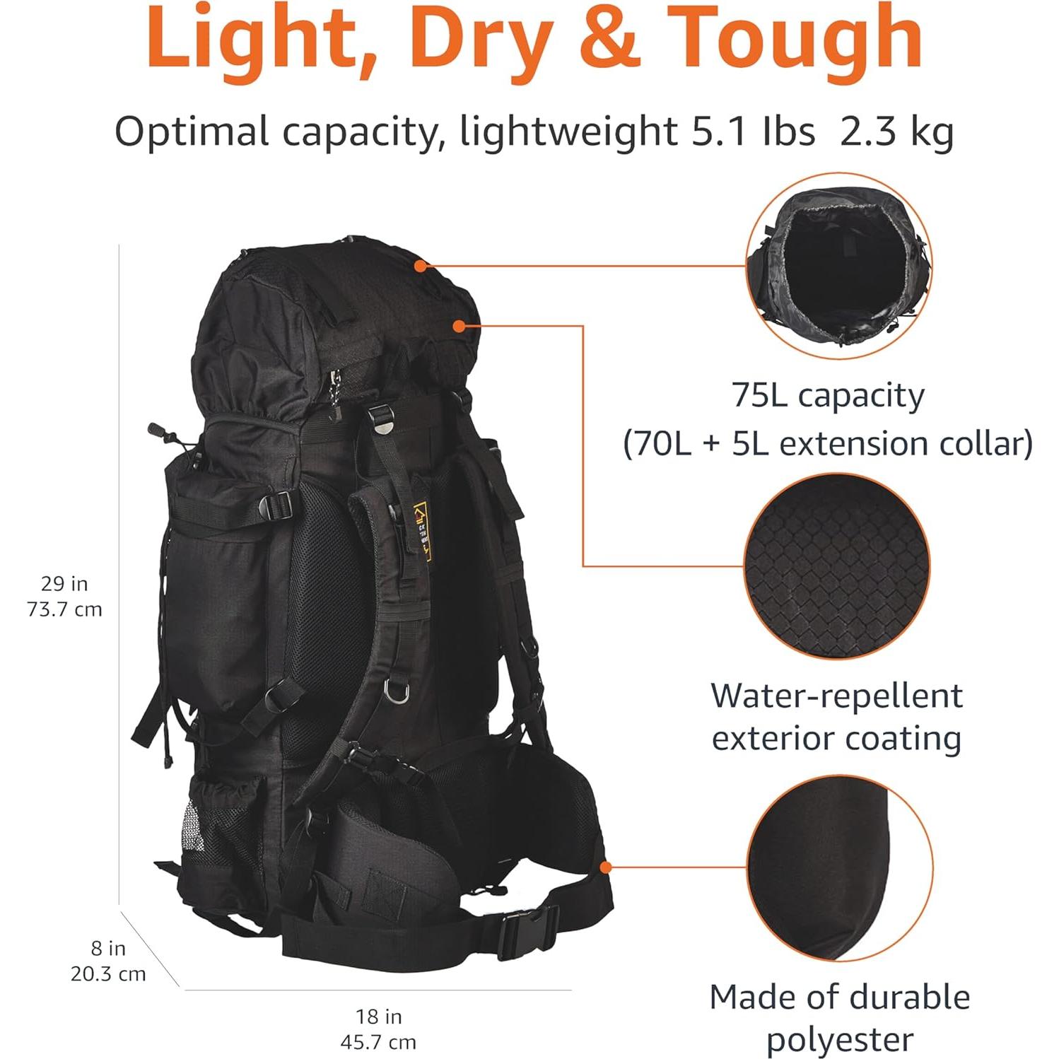 Mochila de Senderismo Amazon Basics 75L con Cubierta de Lluvia