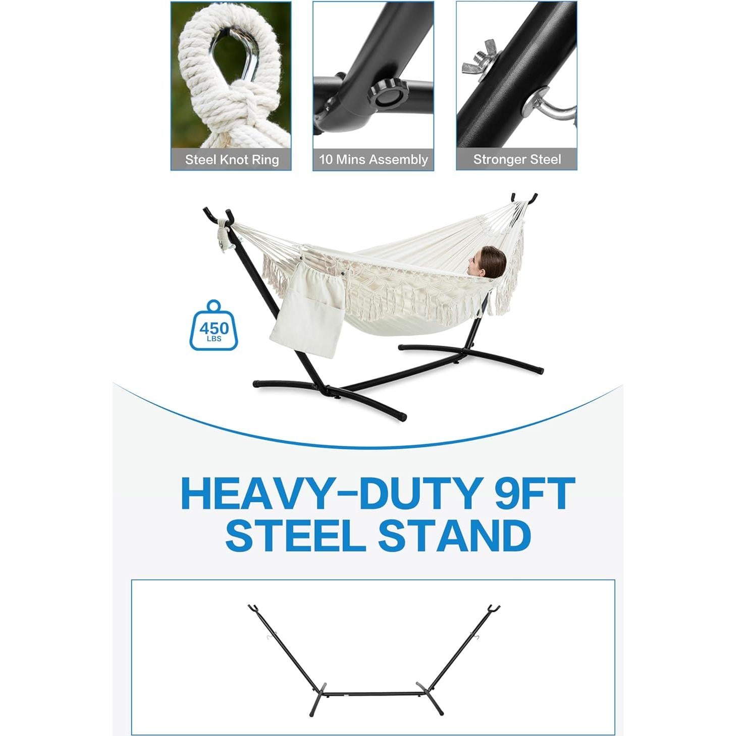 Hamaca Doble PNAEUT con Soporte, Capacidad 204 kg, Beige