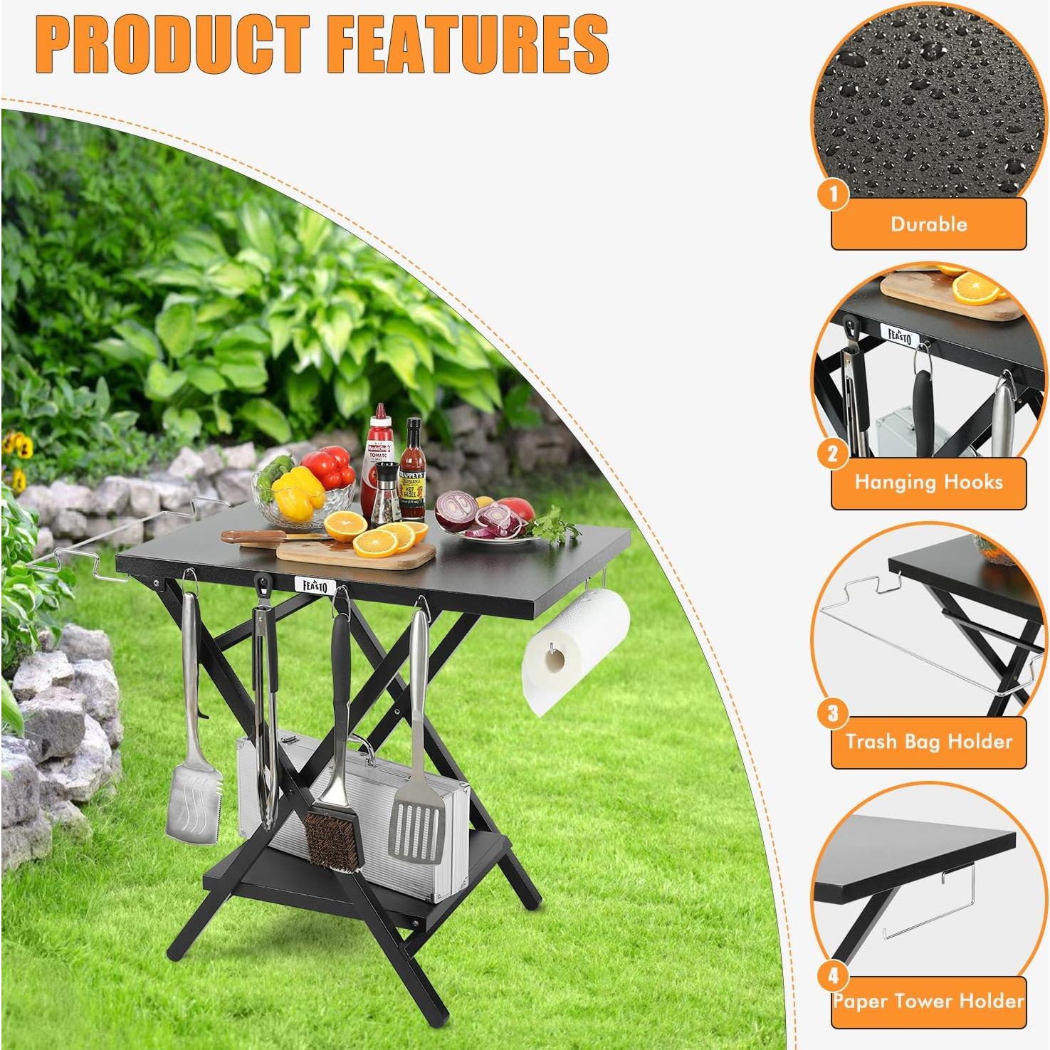 Mesa de Parrilla Plegable Feasto 76.2x60.9cm con Estante Negro