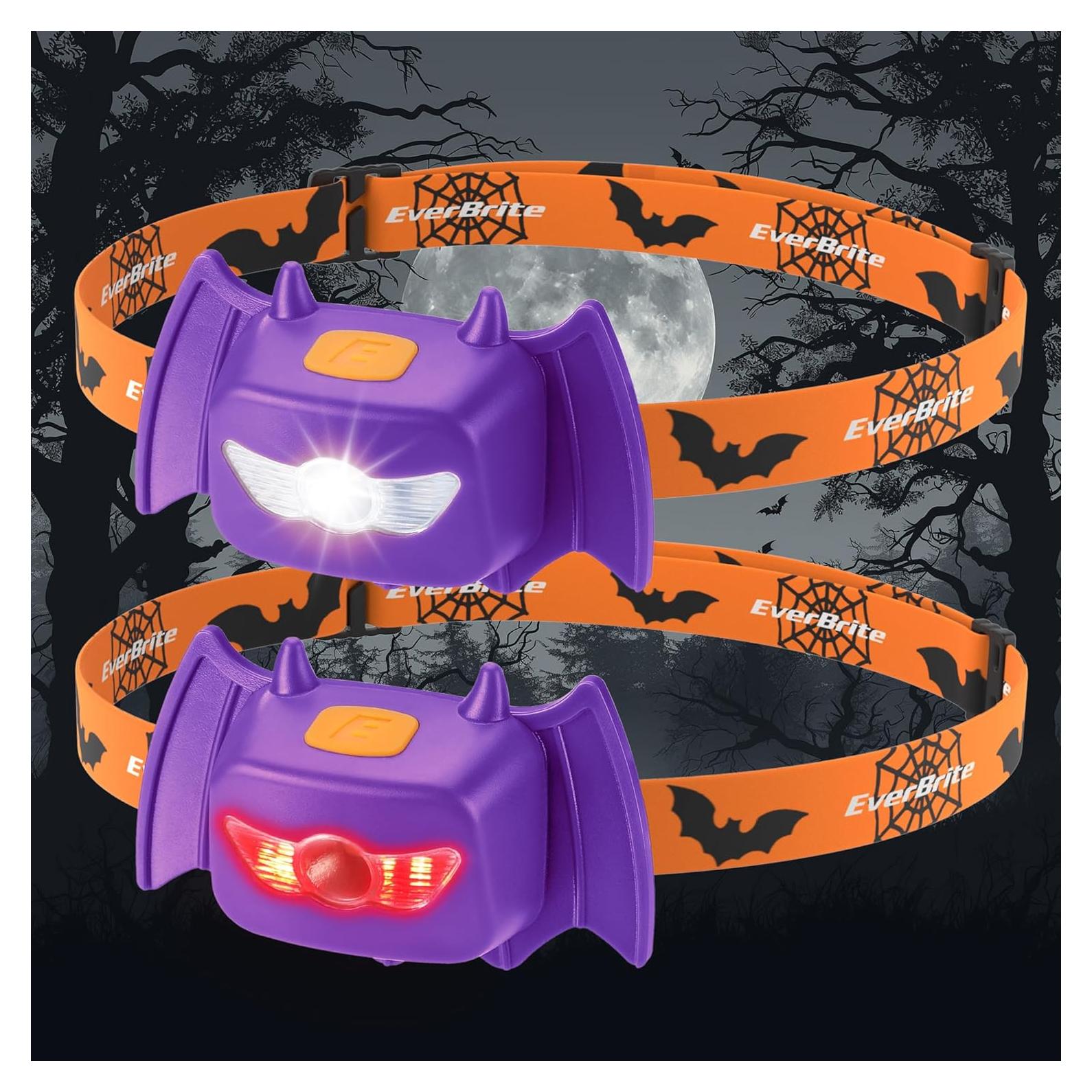 EverBrite Halloween Bat Headlamps Halloween Gifts,3 Modes Head Lamps with Warm/Red/Strobe Lights, Headlights for Halloween Party and Decorations 2 Pack