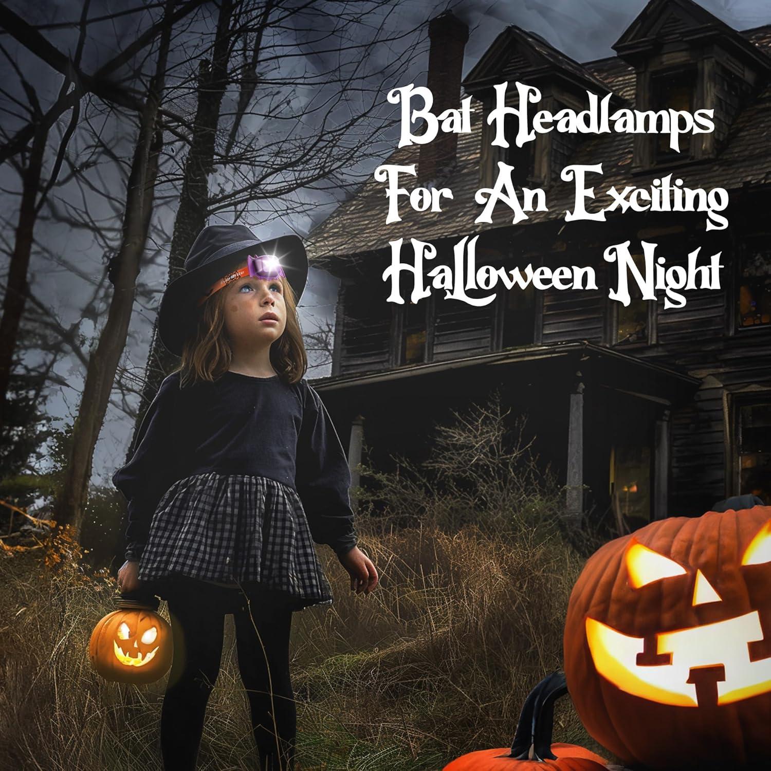 EverBrite Halloween Bat Headlamps Halloween Gifts,3 Modes Head Lamps with Warm/Red/Strobe Lights, Headlights for Halloween Party and Decorations 2 Pack