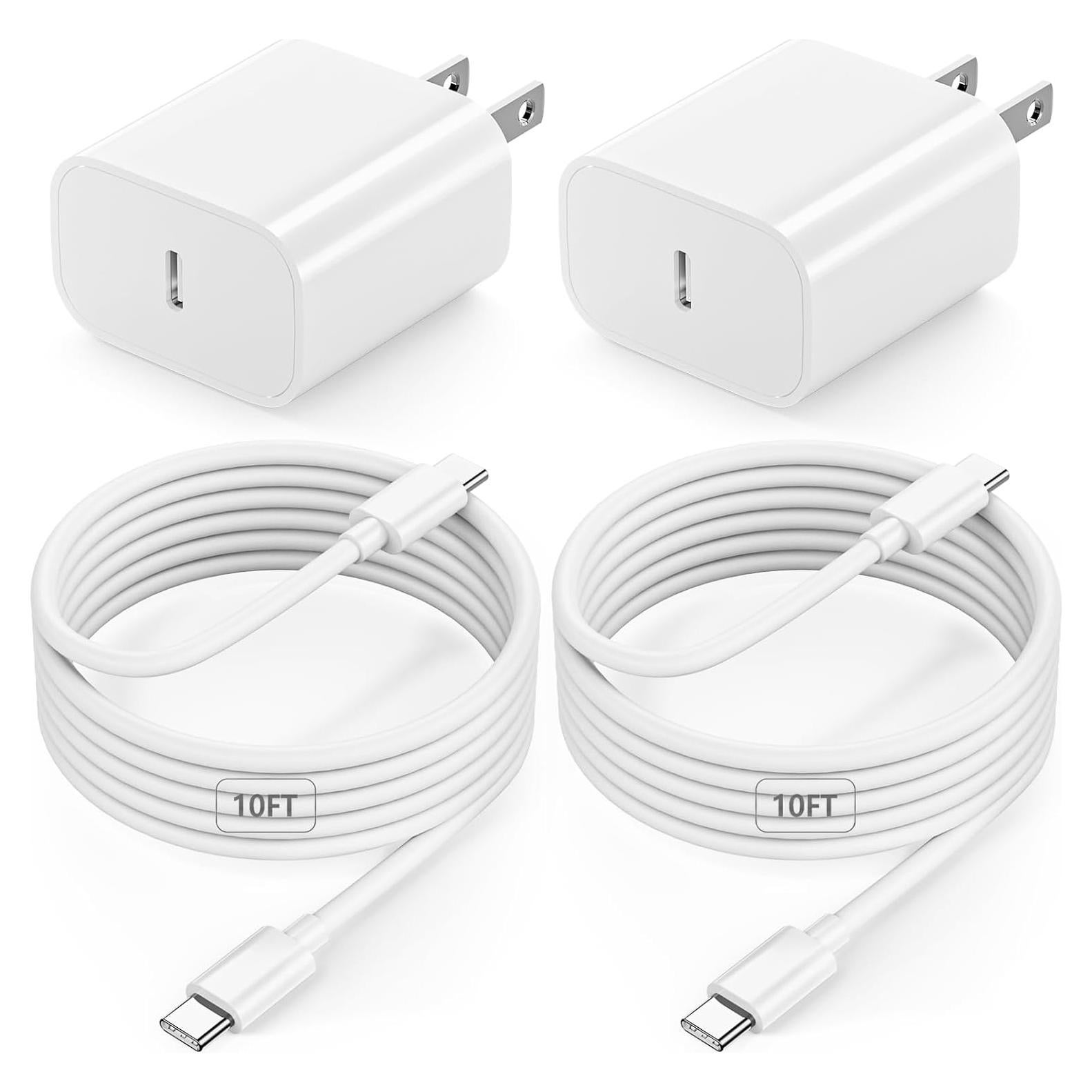 Cargador USB C 20W + 2 Cables 10 pies para iPad Pro/Air/Mini