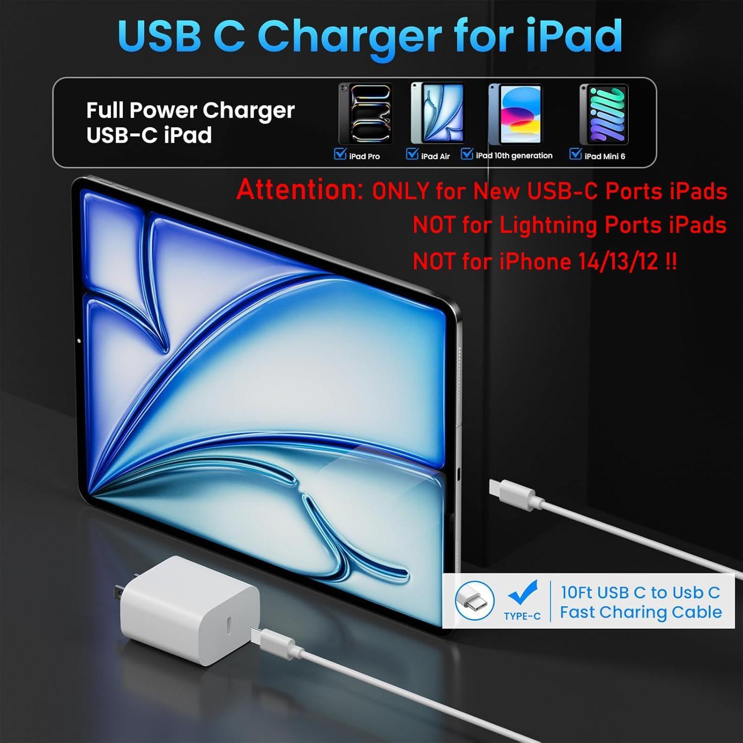 Cargador USB C 20W + 2 Cables 10 pies para iPad Pro/Air/Mini