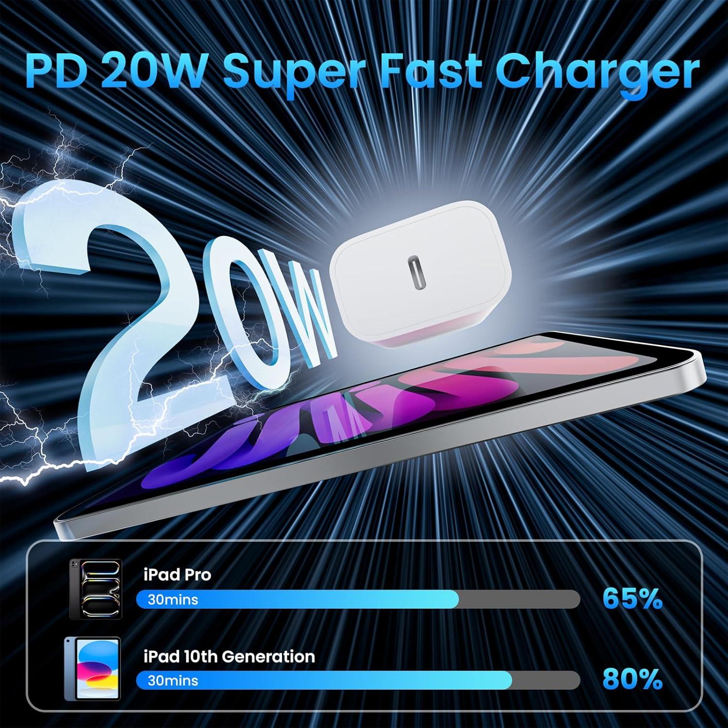 Cargador USB C 20W + 2 Cables 10 pies para iPad Pro/Air/Mini