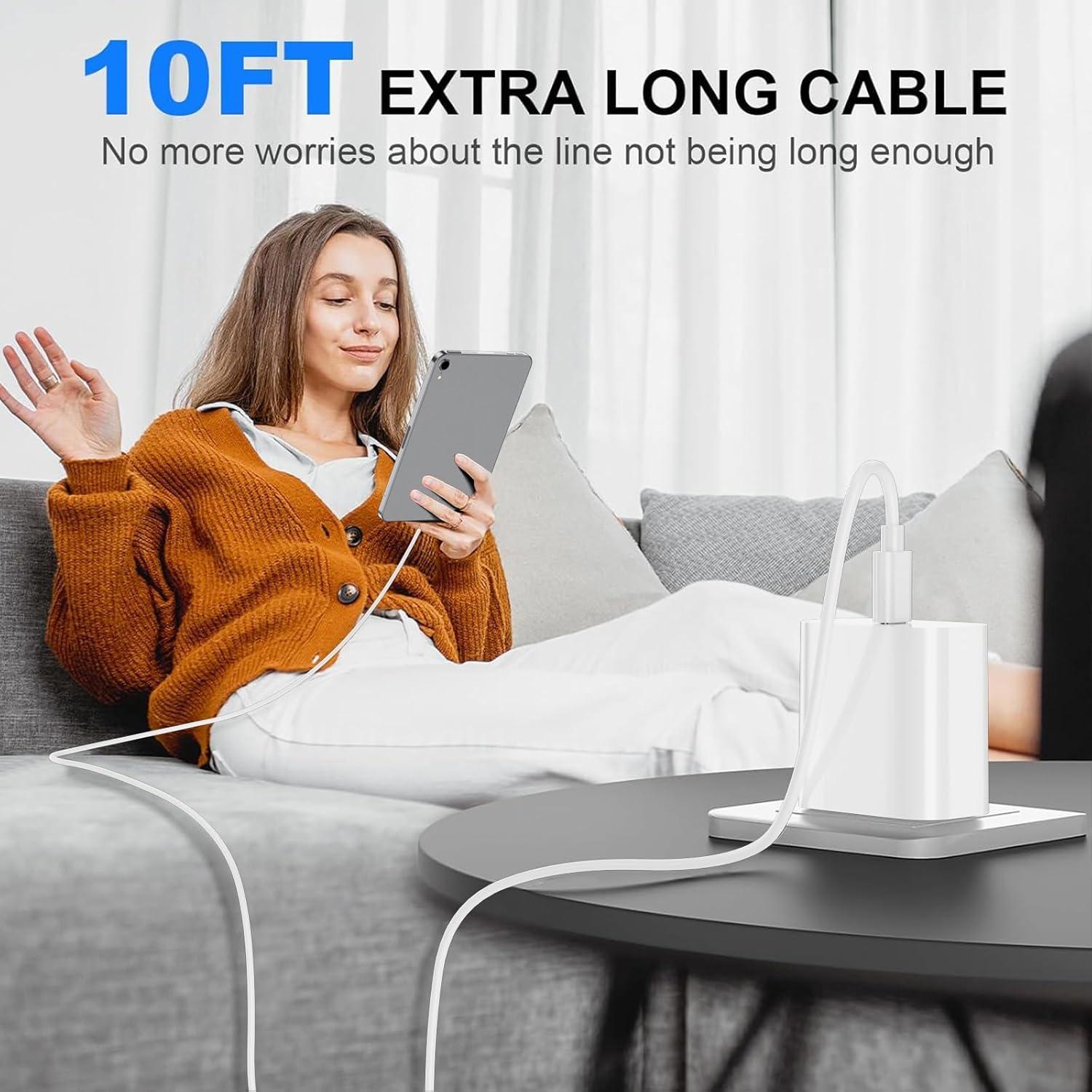 Cargador USB C 20W + 2 Cables 10 pies para iPad Pro/Air/Mini