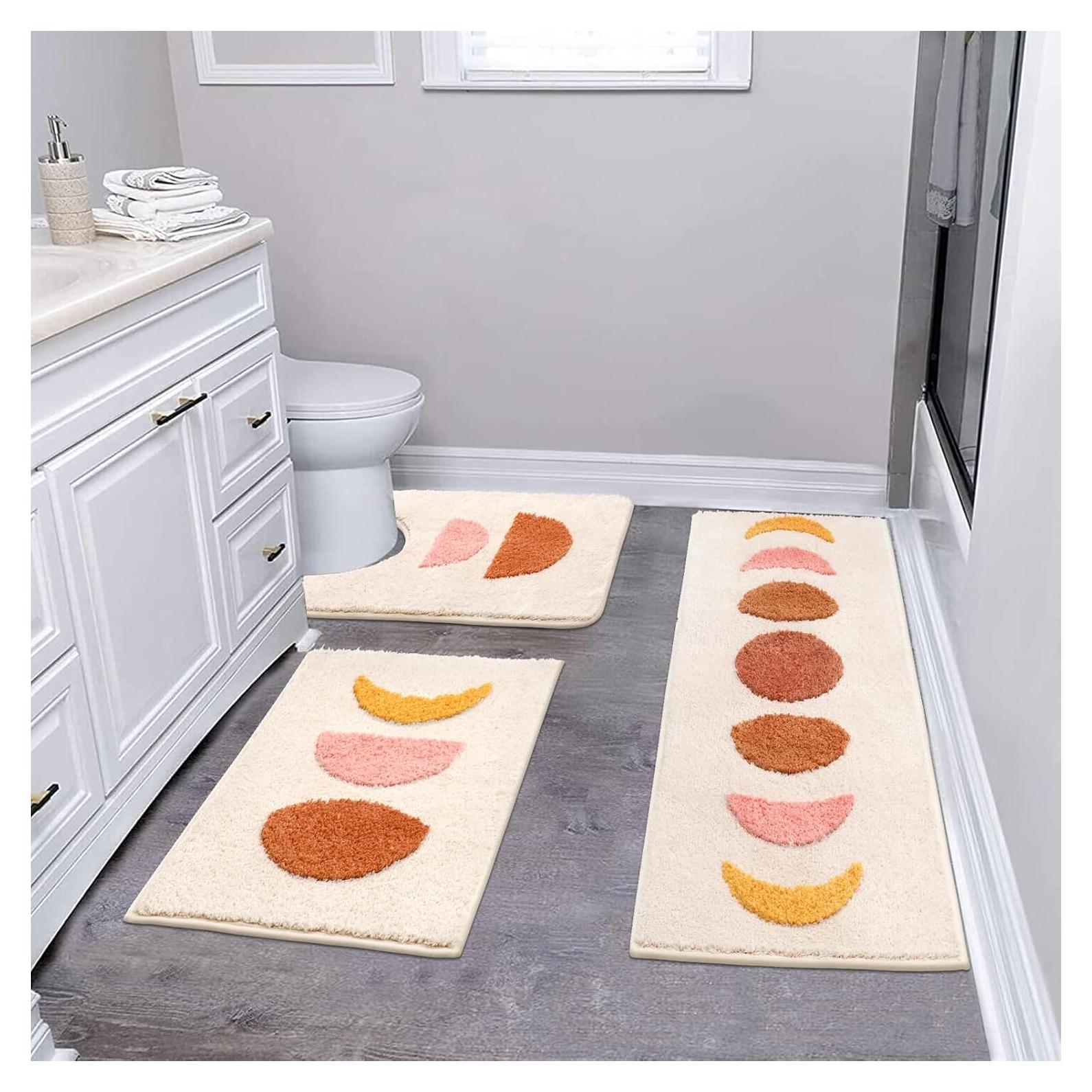 Pauwer Boho Bathroom Set - 3 Piece Non Slip Microfiber Mats, Absorbent Shower & Toilet Rugs, Bohemian Bathroom Runner
