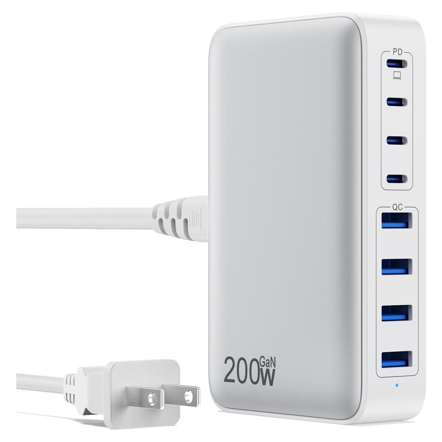 Cargador USB C 200W 8 Puertos GaN III Adaptador Rápido