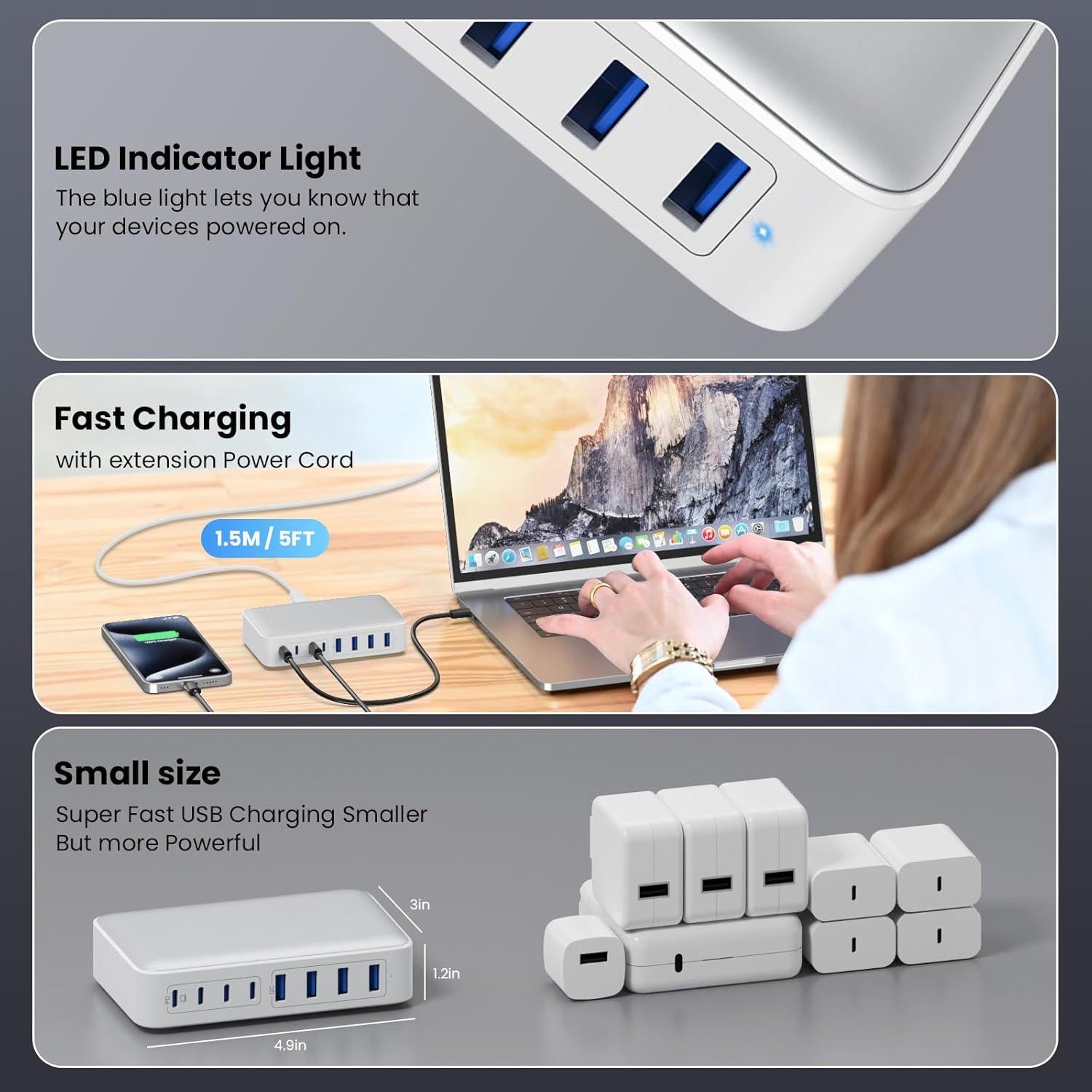 Cargador USB C 200W 8 Puertos GaN III Adaptador Rápido