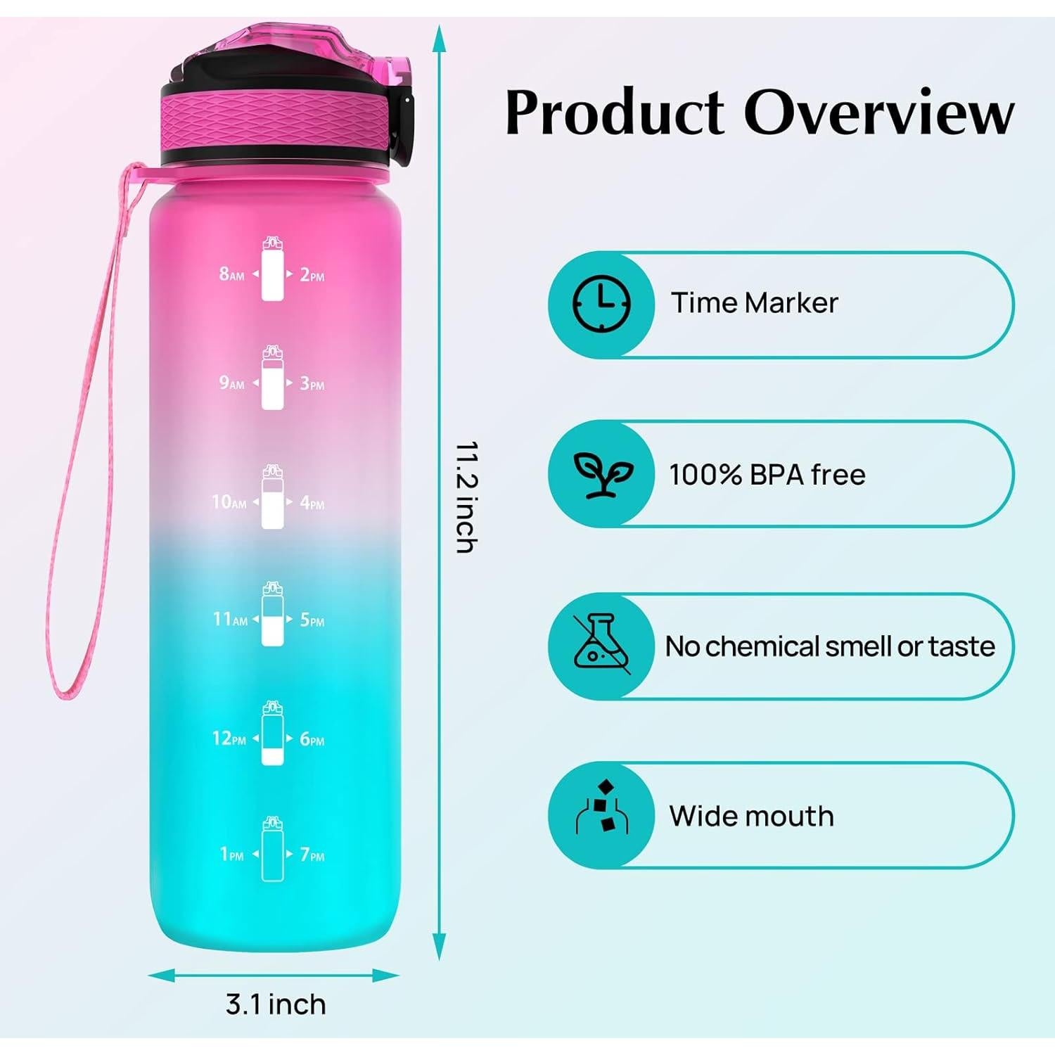 Botella de Agua Reutilizable EYQ 0.91L con Marcador de Tiempo