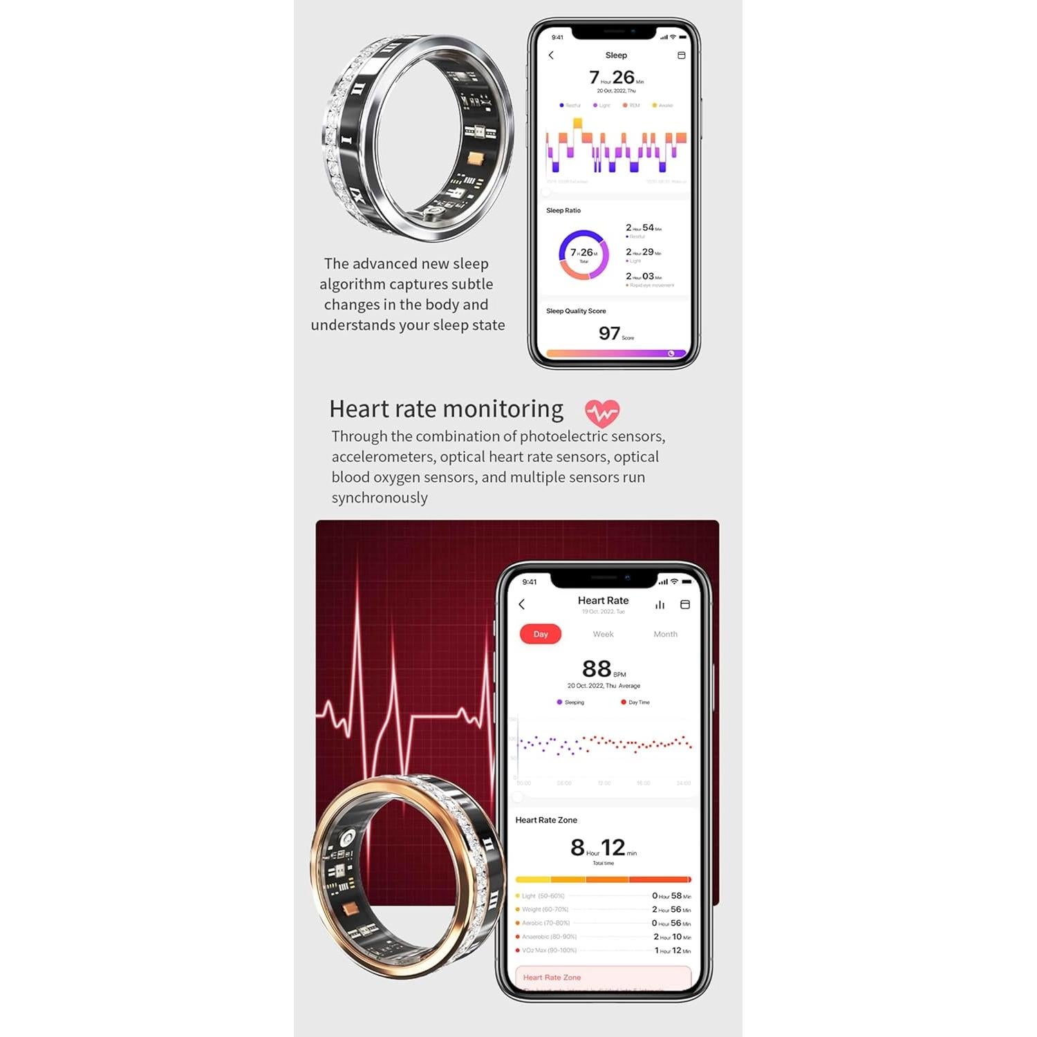 Anillo Inteligente Horawaii #8 Dorado IP68 Monitoreo Salud