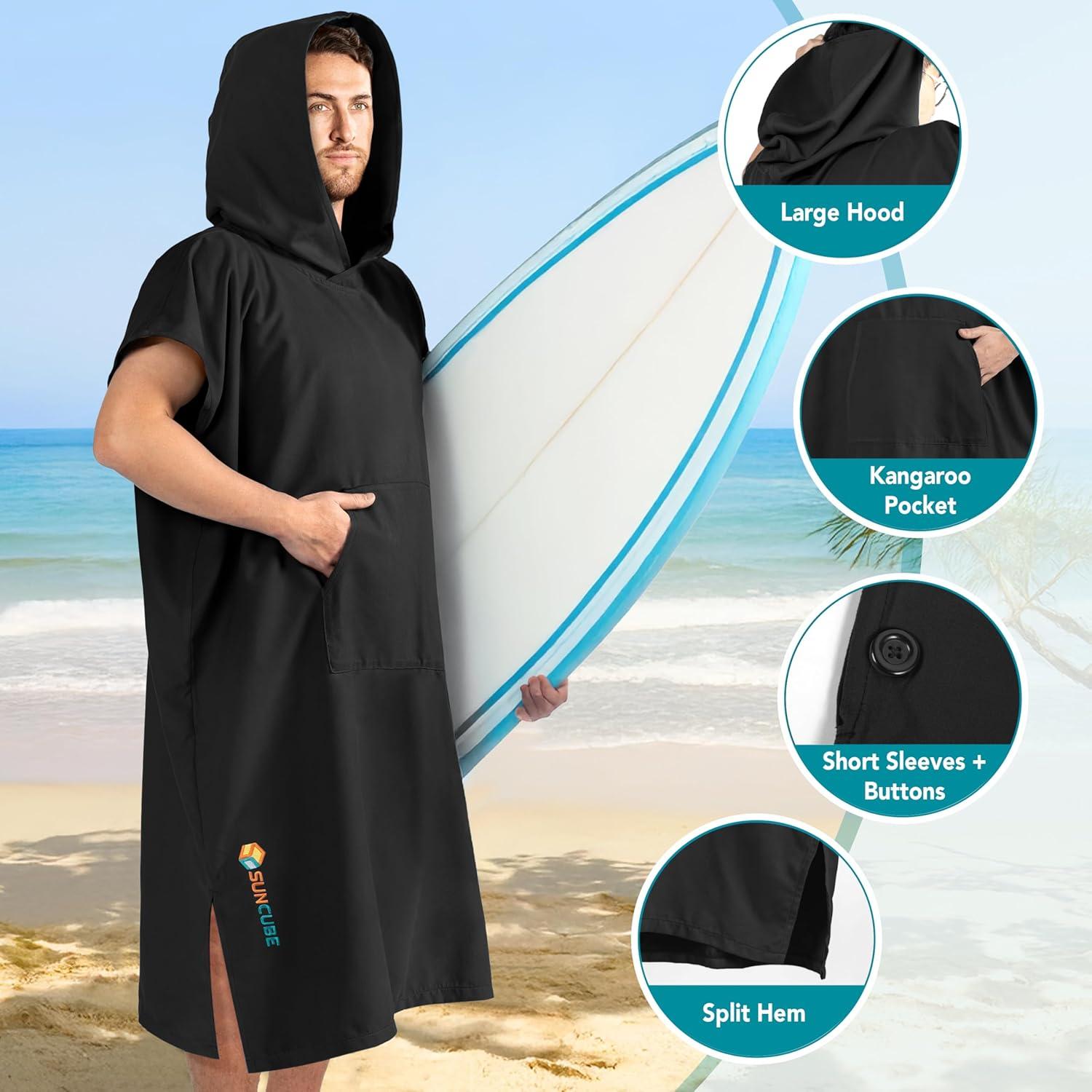 Poncho de Surf SUN CUBE Negro con Capucha y Bolsillo