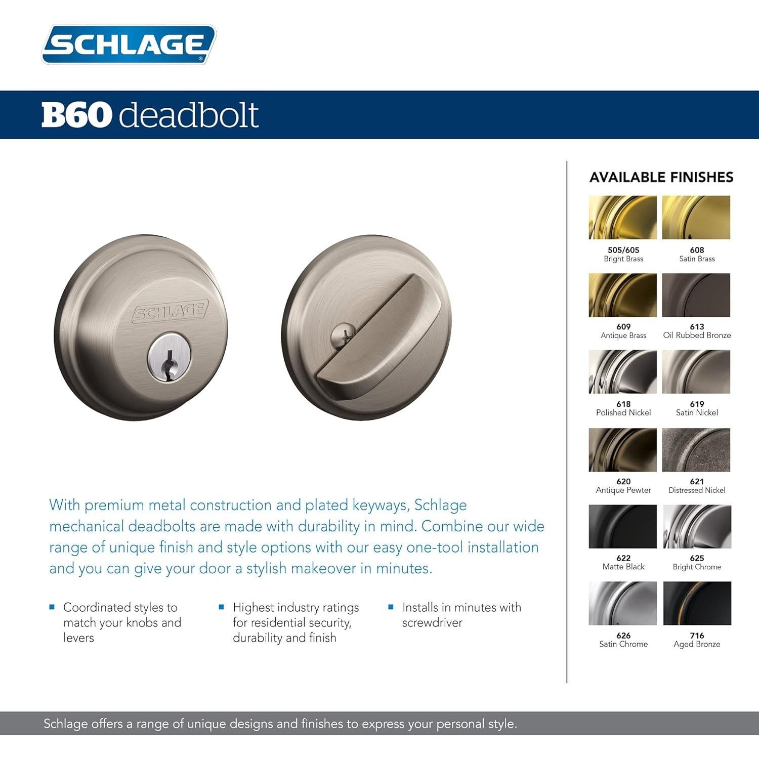 Cerradura de Pestillo Schlage B60N505 Latón Brillante