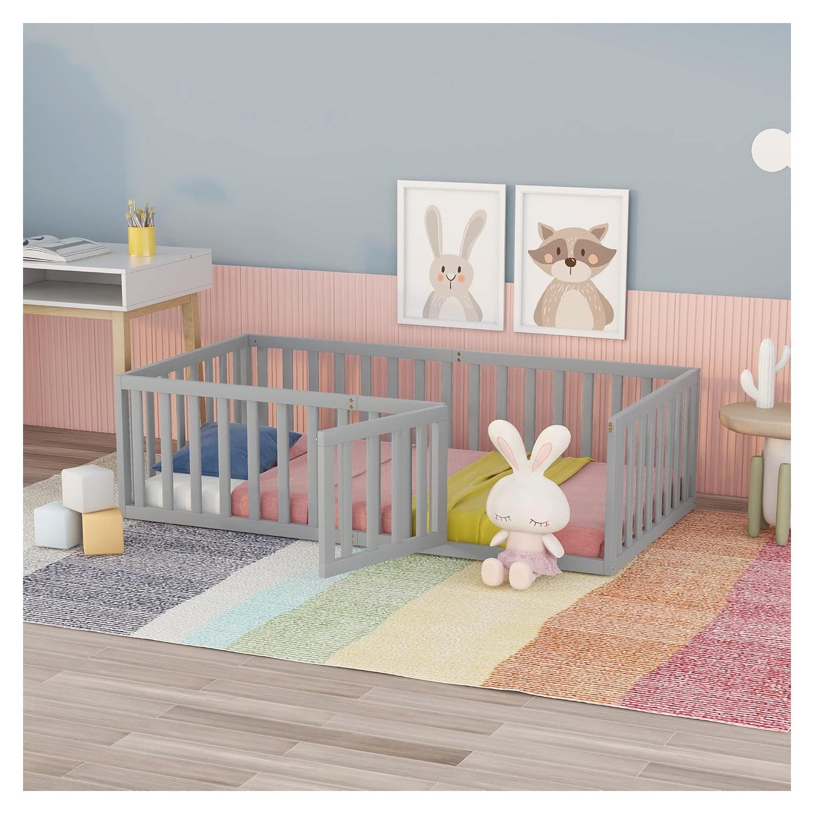 Cama de Piso Merax Twin Montessori con Barandillas y Puerta Gris