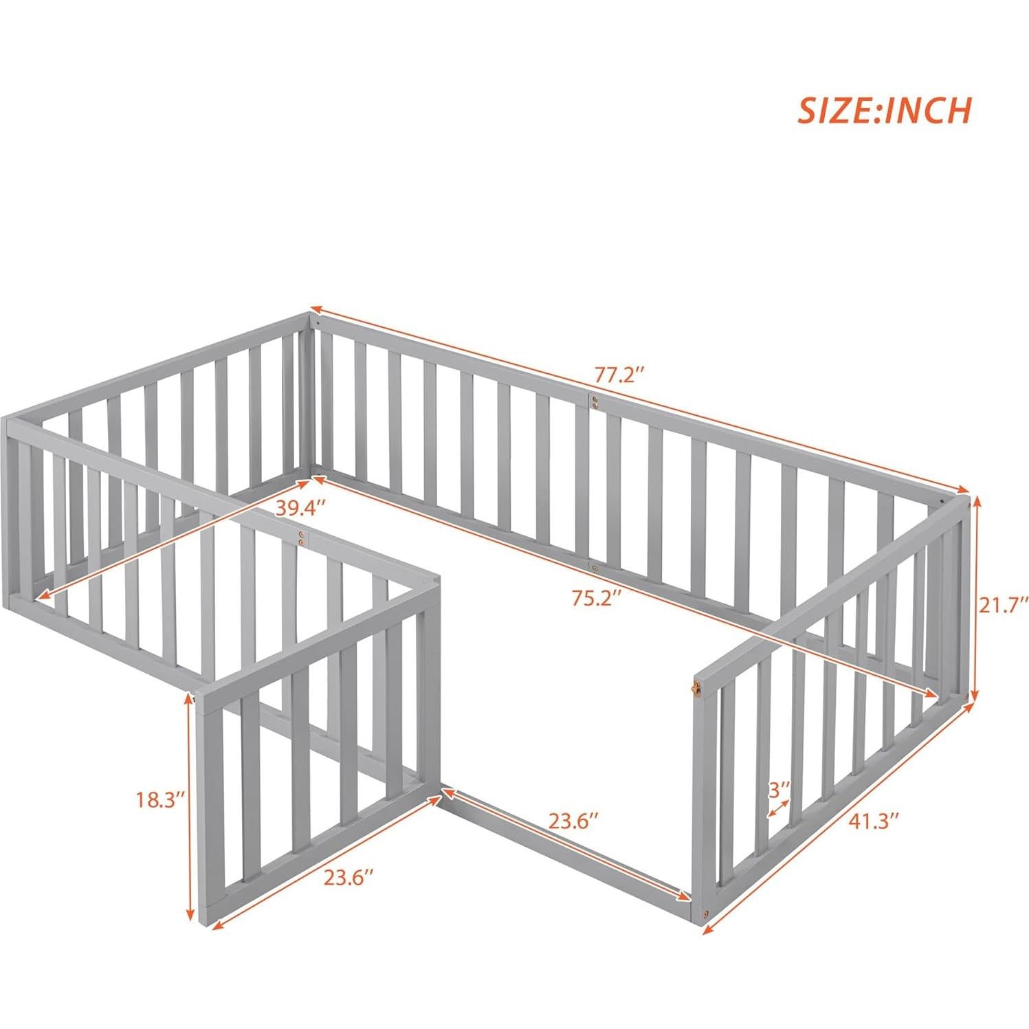 Cama de Piso Merax Twin Montessori con Barandillas y Puerta Gris