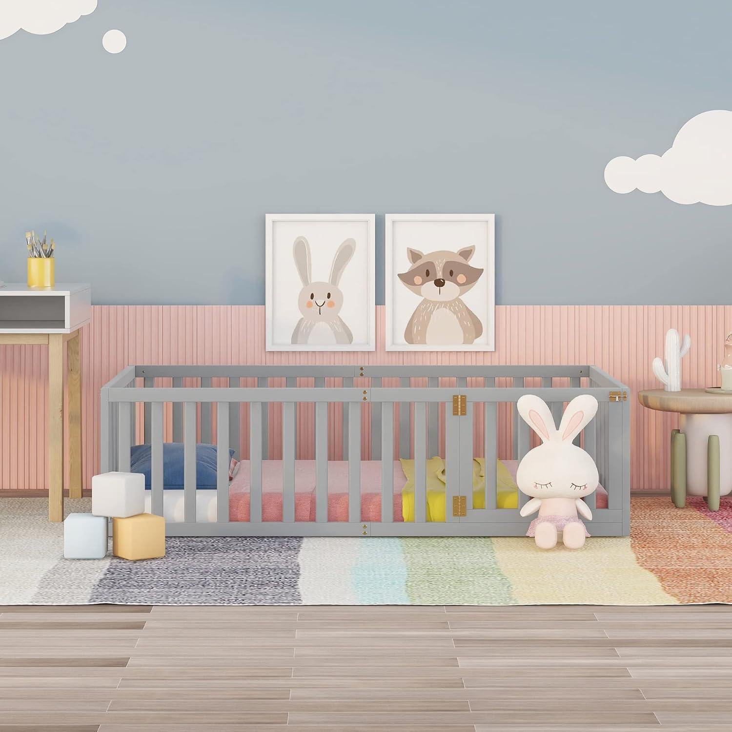 Cama de Piso Merax Twin Montessori con Barandillas y Puerta Gris