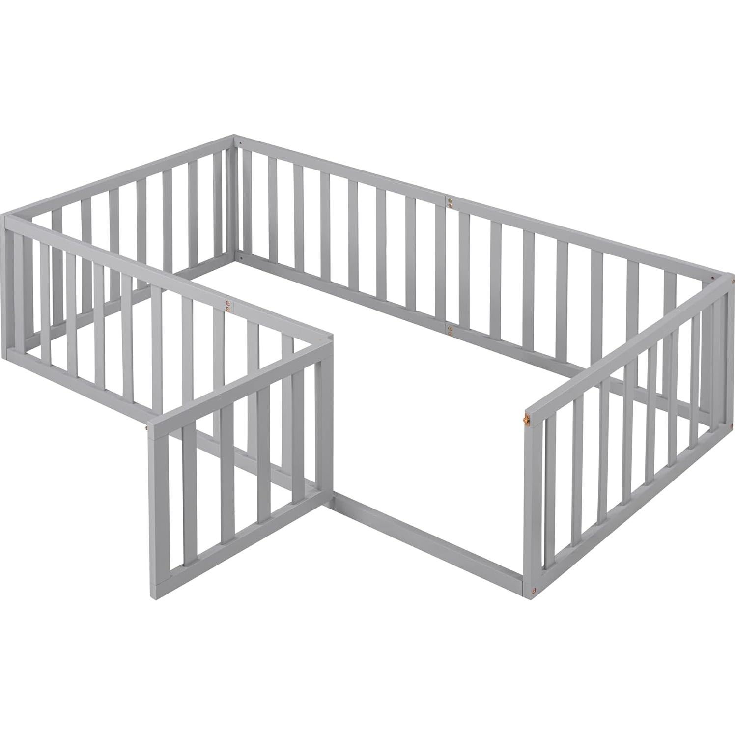 Cama de Piso Merax Twin Montessori con Barandillas y Puerta Gris