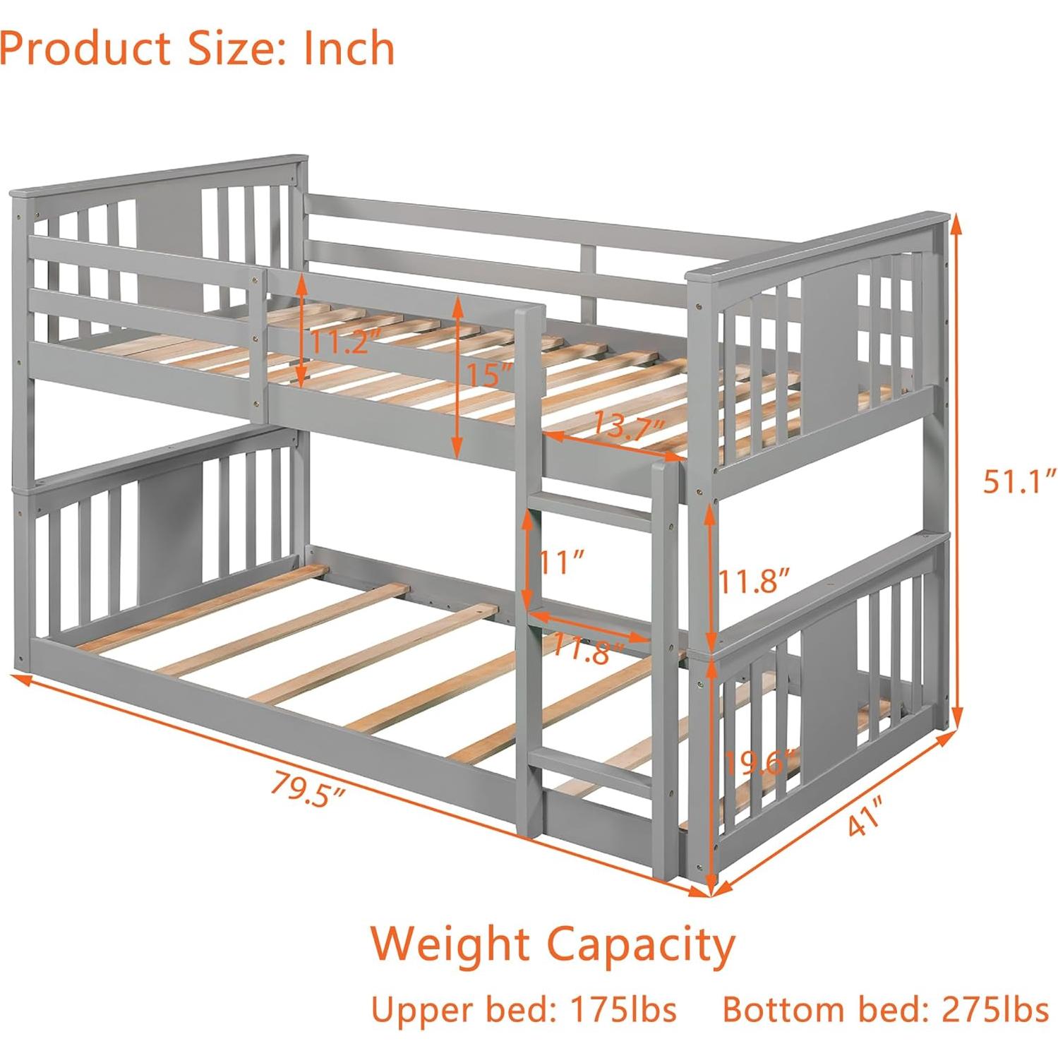 Cama Litera Individual Bellemave Gris con Barandillas y Escalera